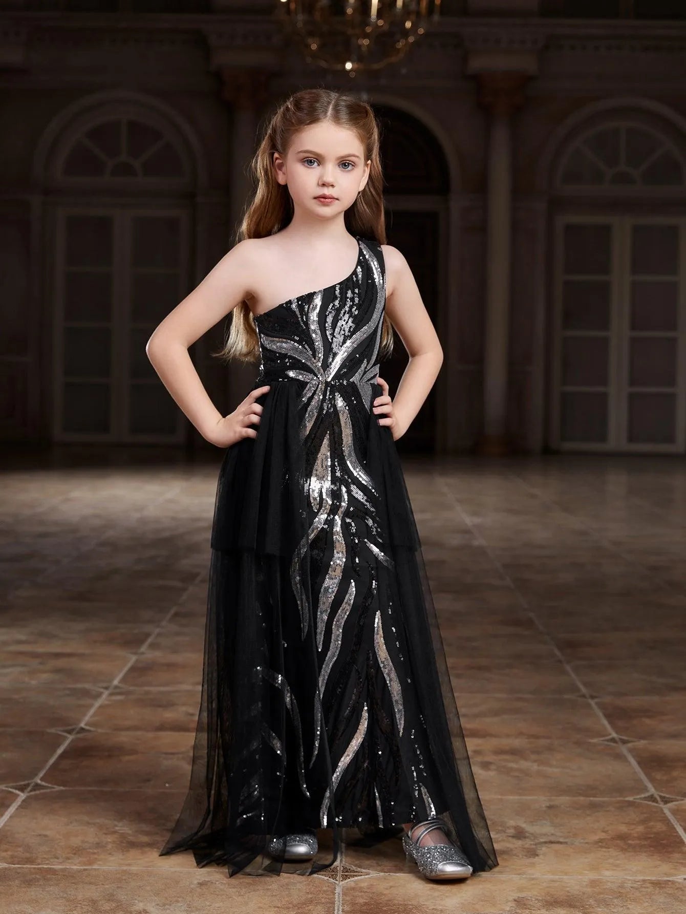 Tween Girls' One Shoulder Graphic Sequin Party Dress - Elonnashop