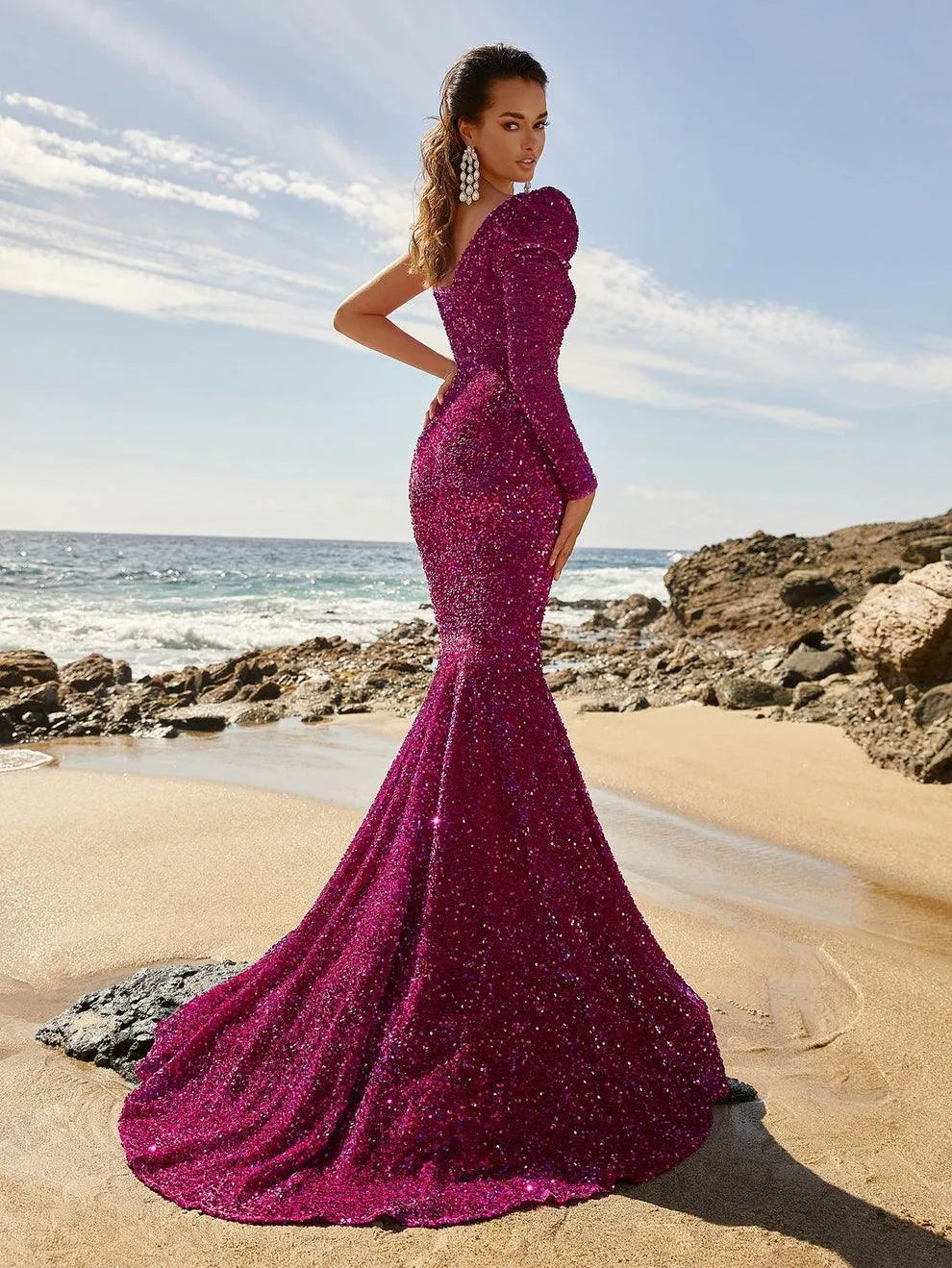 Asymmetrical Neck Mermaid Hem Sequin Prom Dresses - Elonnashop