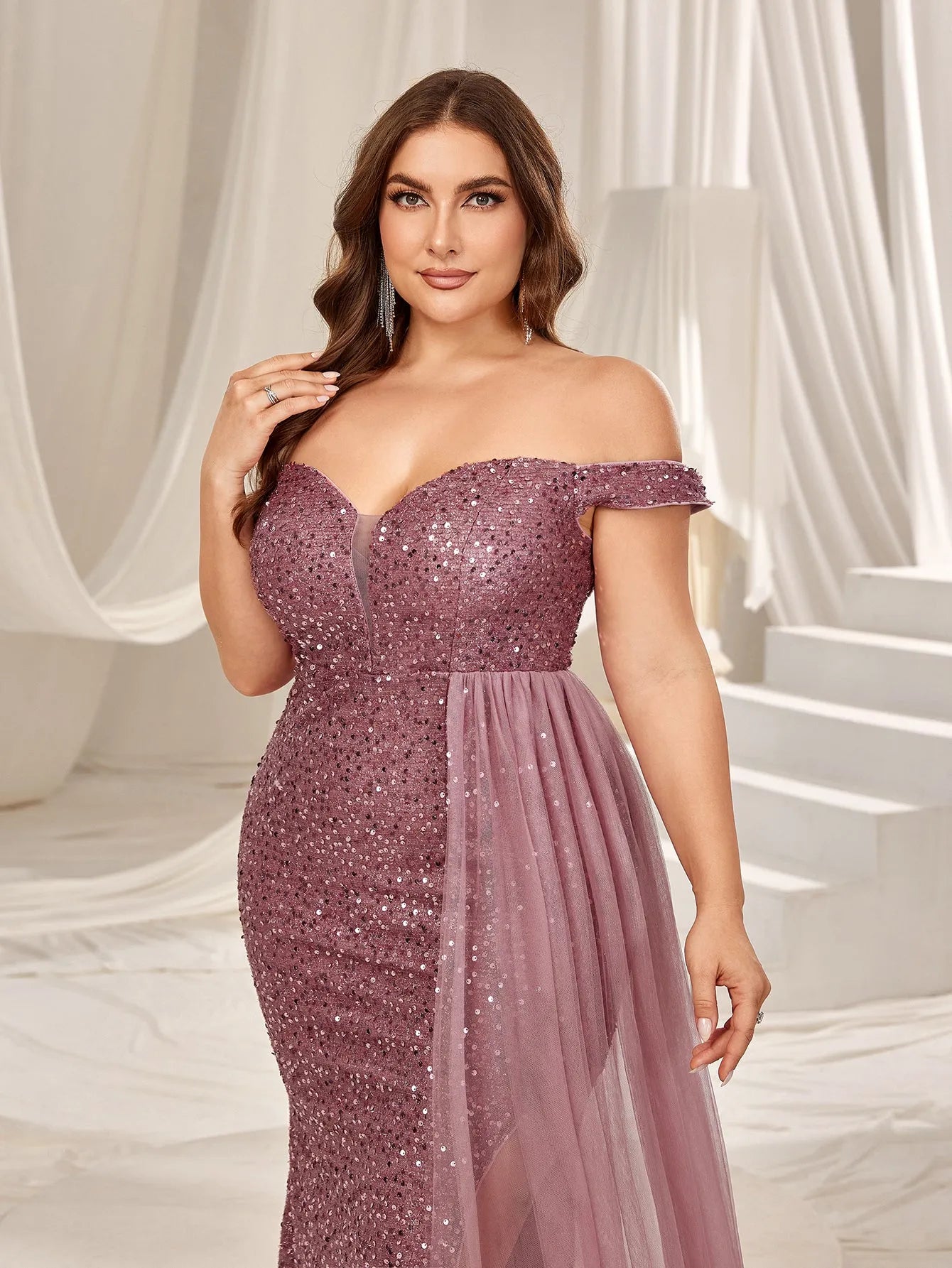 Plus Elegant Off Shoulder Split Thigh Sequin Formal Dress