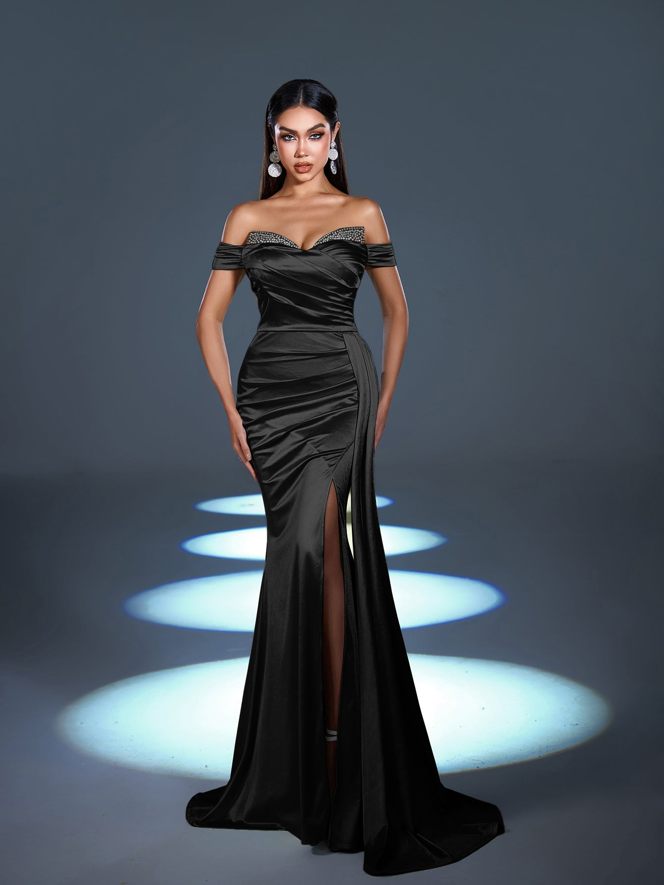 Elegant Satin Off-Shoulder Mermaid Gown | Sculpted Ruching & High Thigh Slit