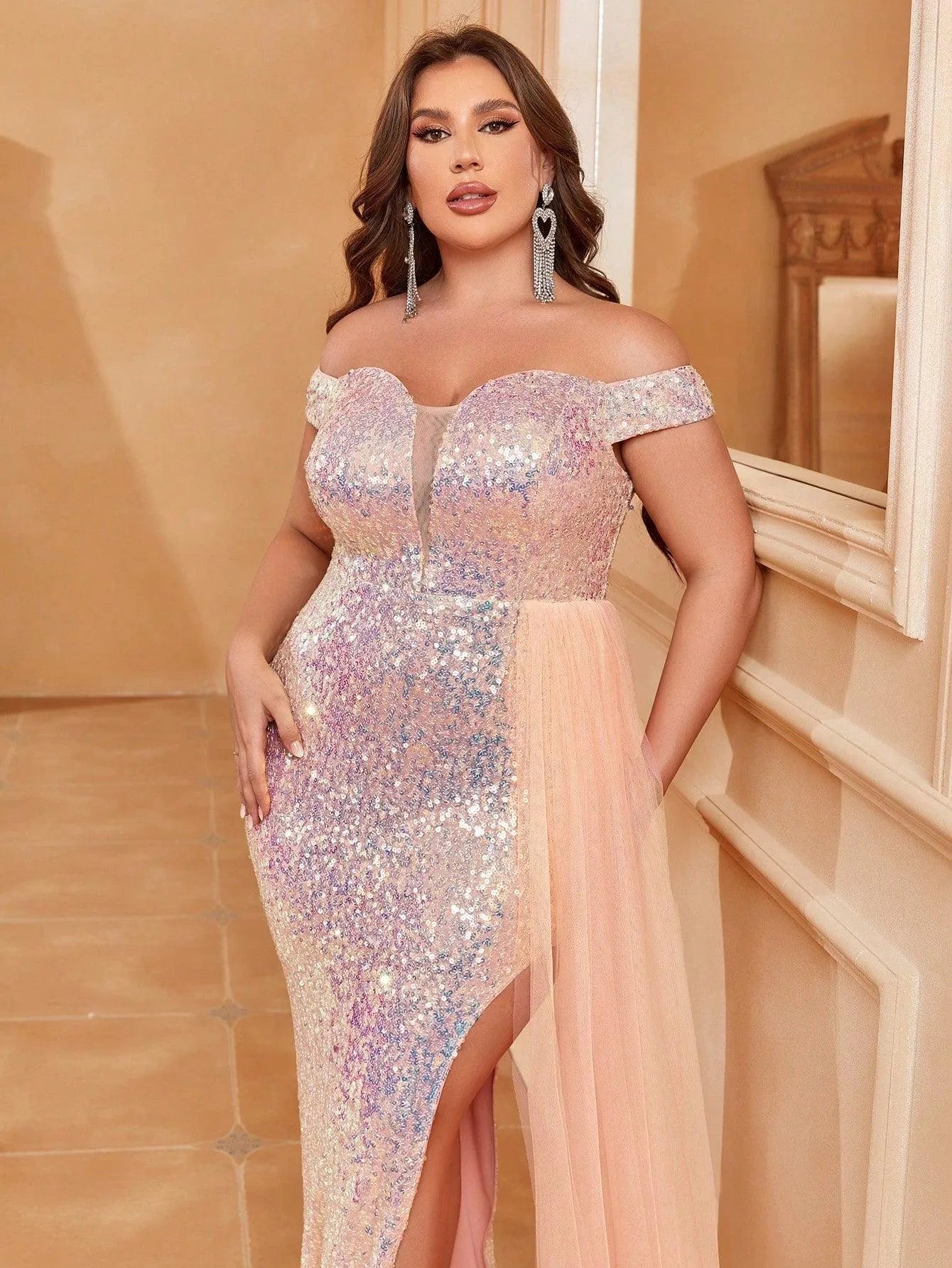 Plus Off Shoulder Draped Side Split Thigh Sequin Dress - Elonnashop