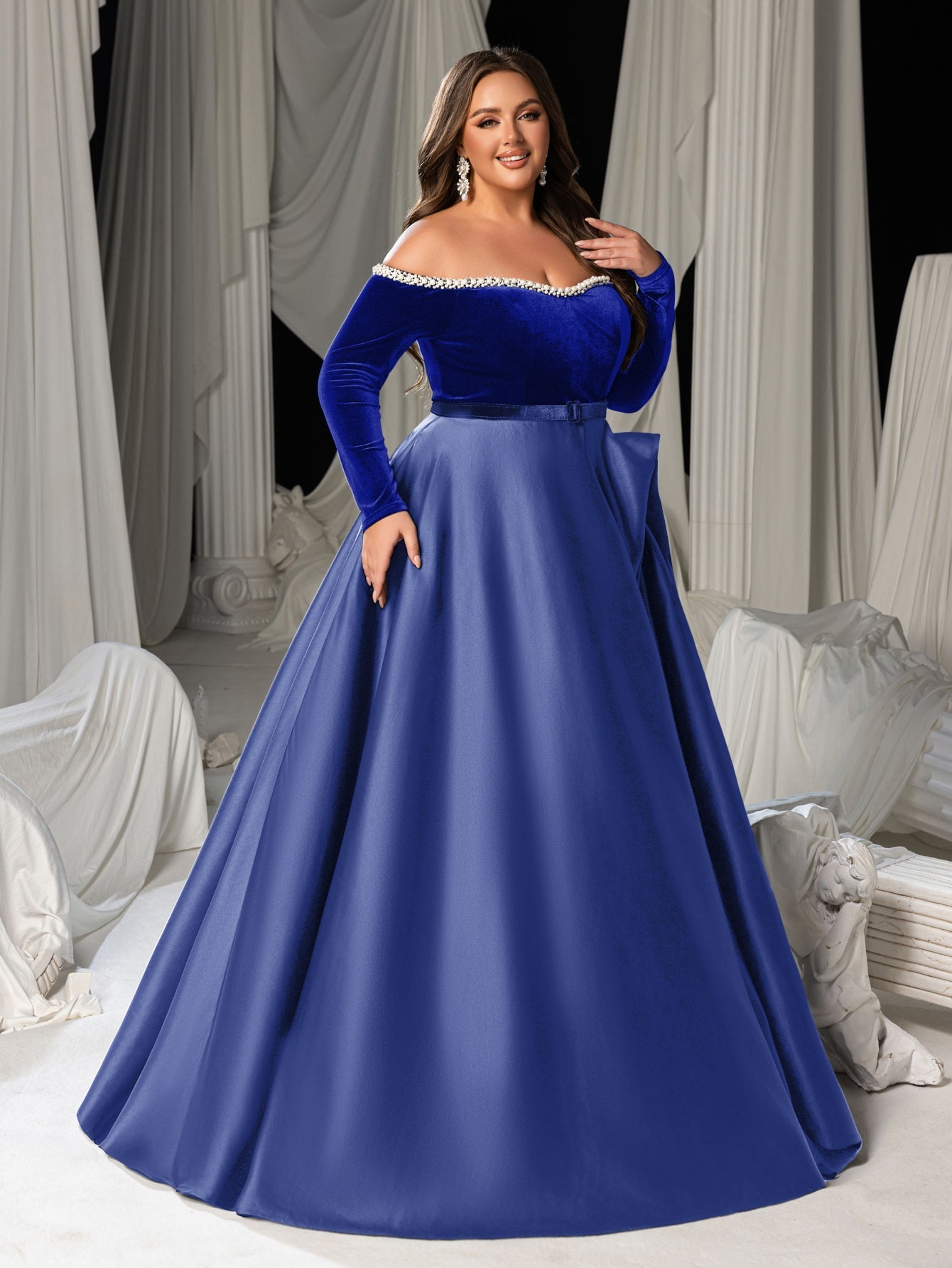 Plus Women's Pearl Accented Off-The-Shoulder Formal Gown | Long Sleeves | Defined Waist Belt | Full Flared Skirt