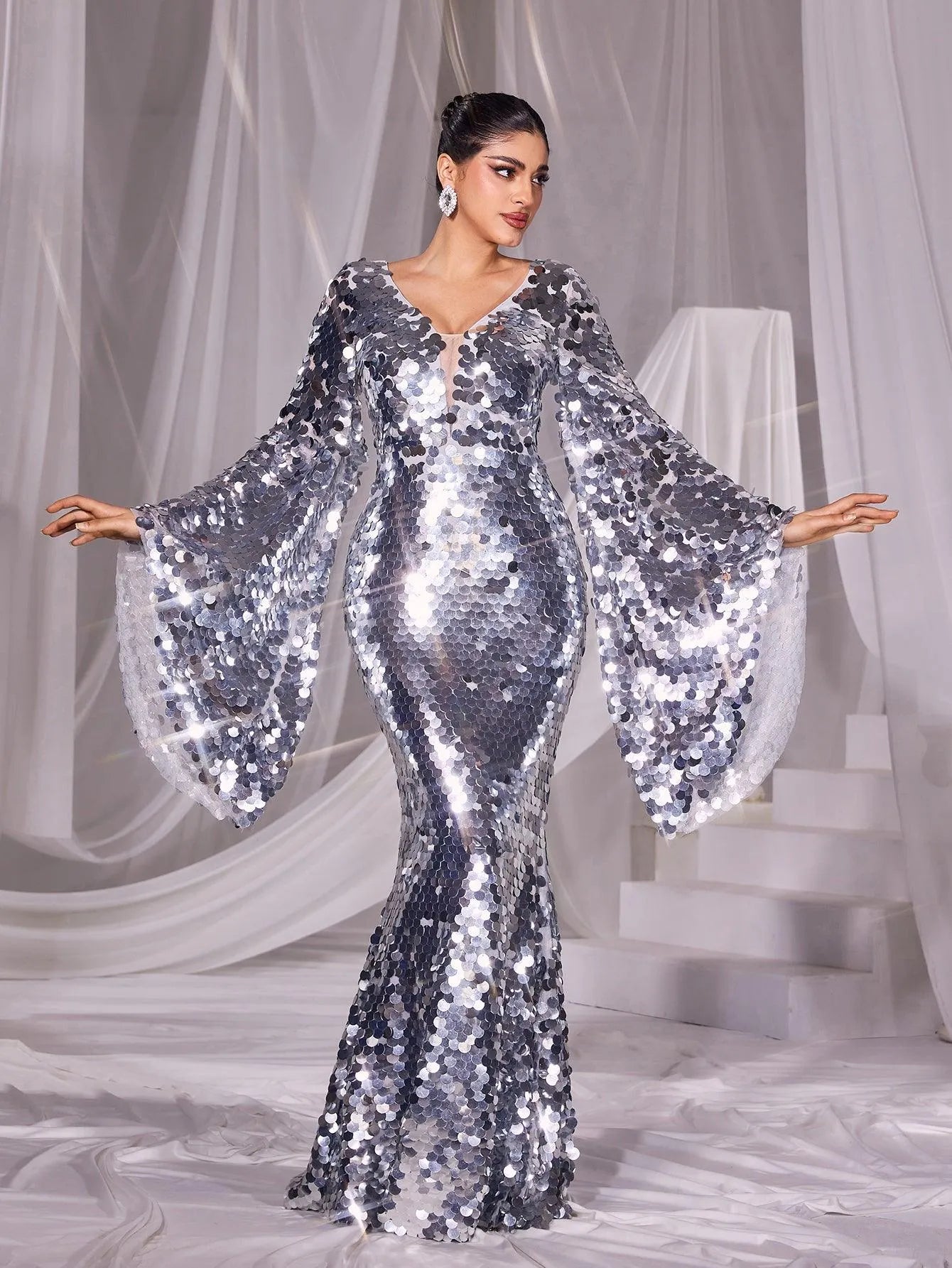 Plunging Neck Flared Sleeves Sequin Mermaid Dress - Elonnashop