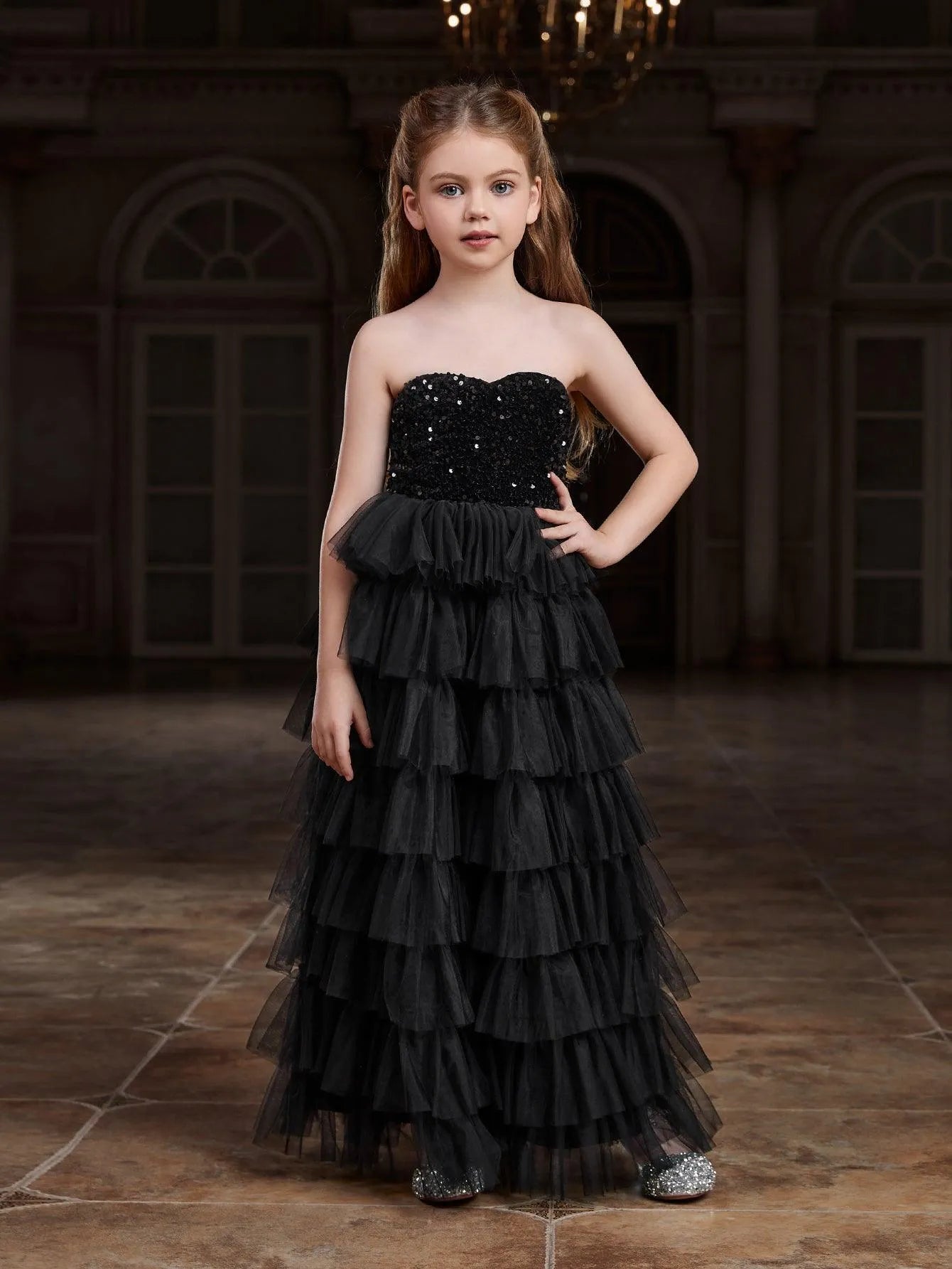 Tween Girls' Mesh Layered Hem Sequin Tube Party Dress - Elonnashop