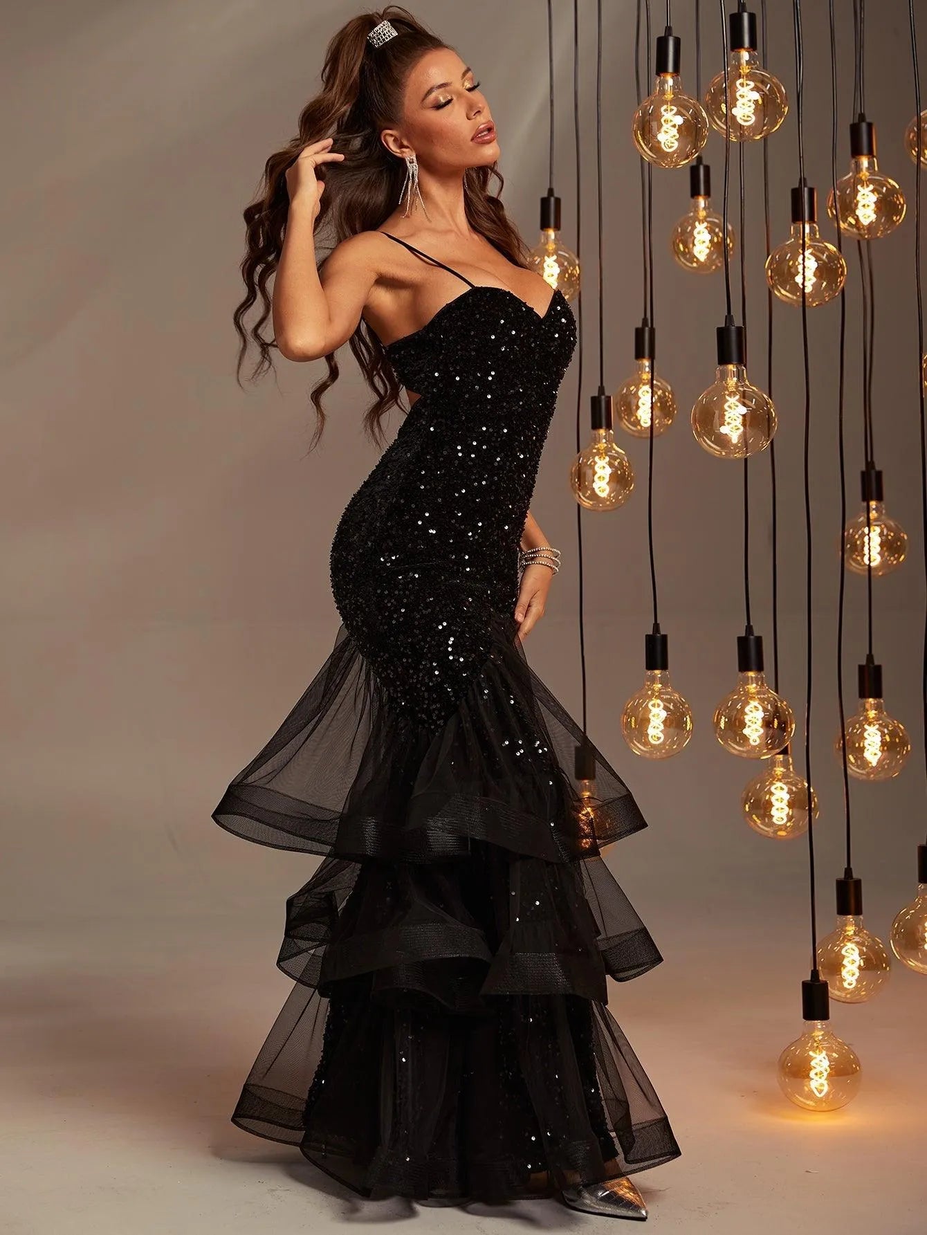 Spaghetti Strap Back Cut Out Sequin Mermaid Dress - Elonnashop