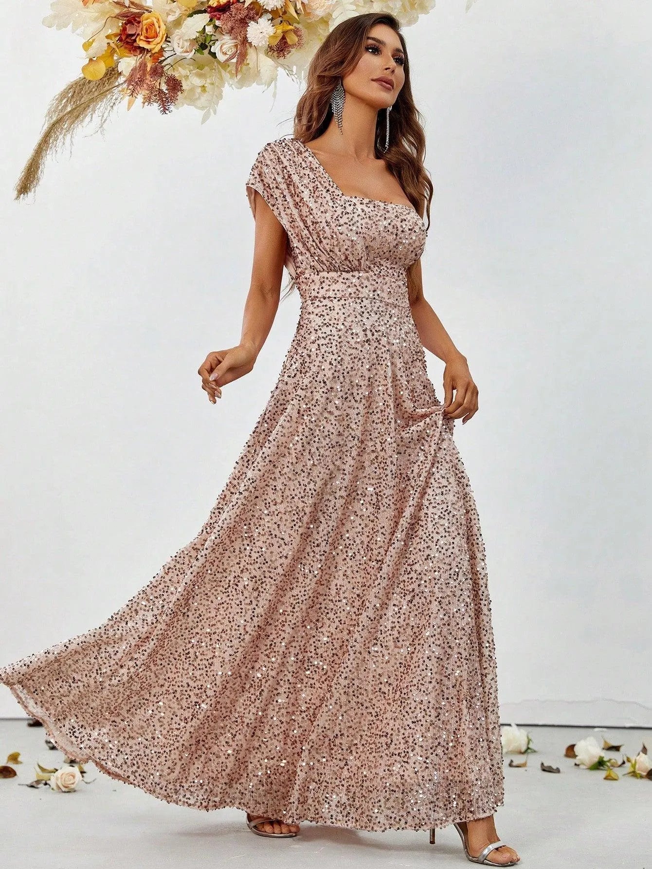 Elegant One Shoulder Sequin A Line Dresses - Elonnashop