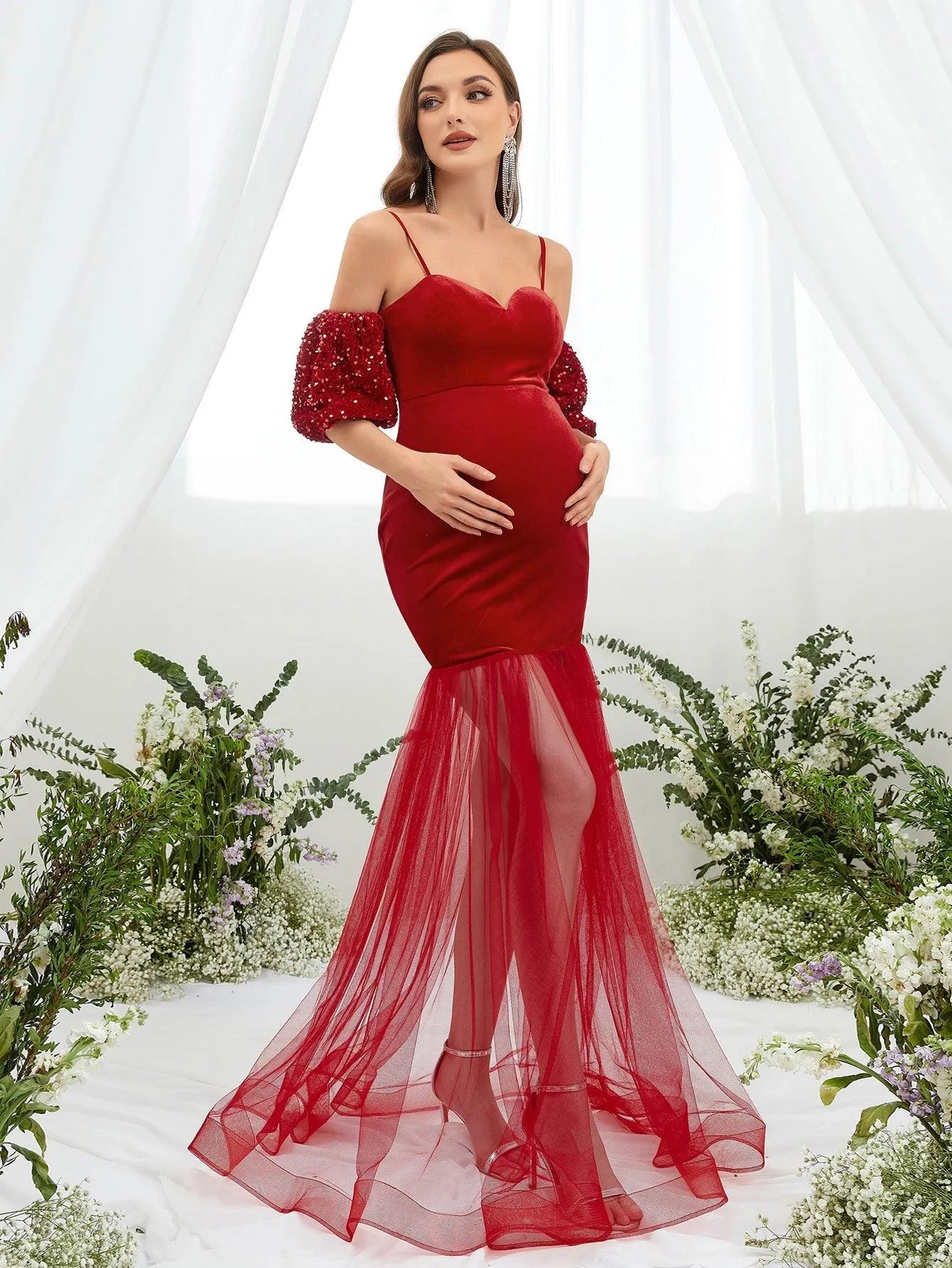 Maternity Puff Sleeve Mermaid Hem Velvet Cami Dress - Elonnashop