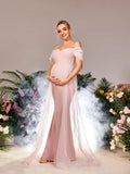 Maternity Off Shoulder Mermaid Hem Mesh Overlay Evening Dress