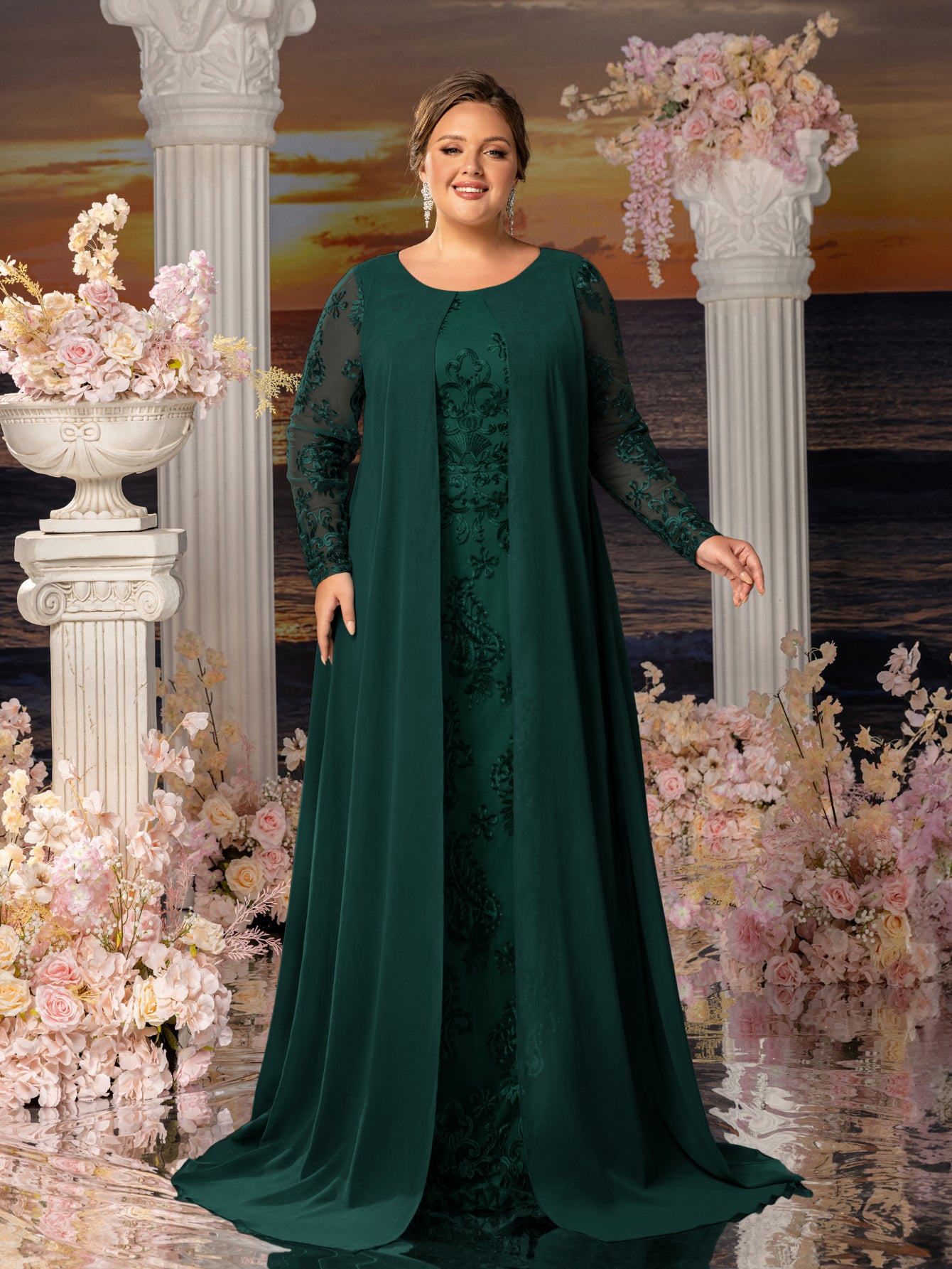 Plus Womens' Elegant Lace Mermaid Gown - Sheer Sleeves & Intricate Lace Patterns with Chiffon Overlay for Beach Weddings, Romantic Coastal Events