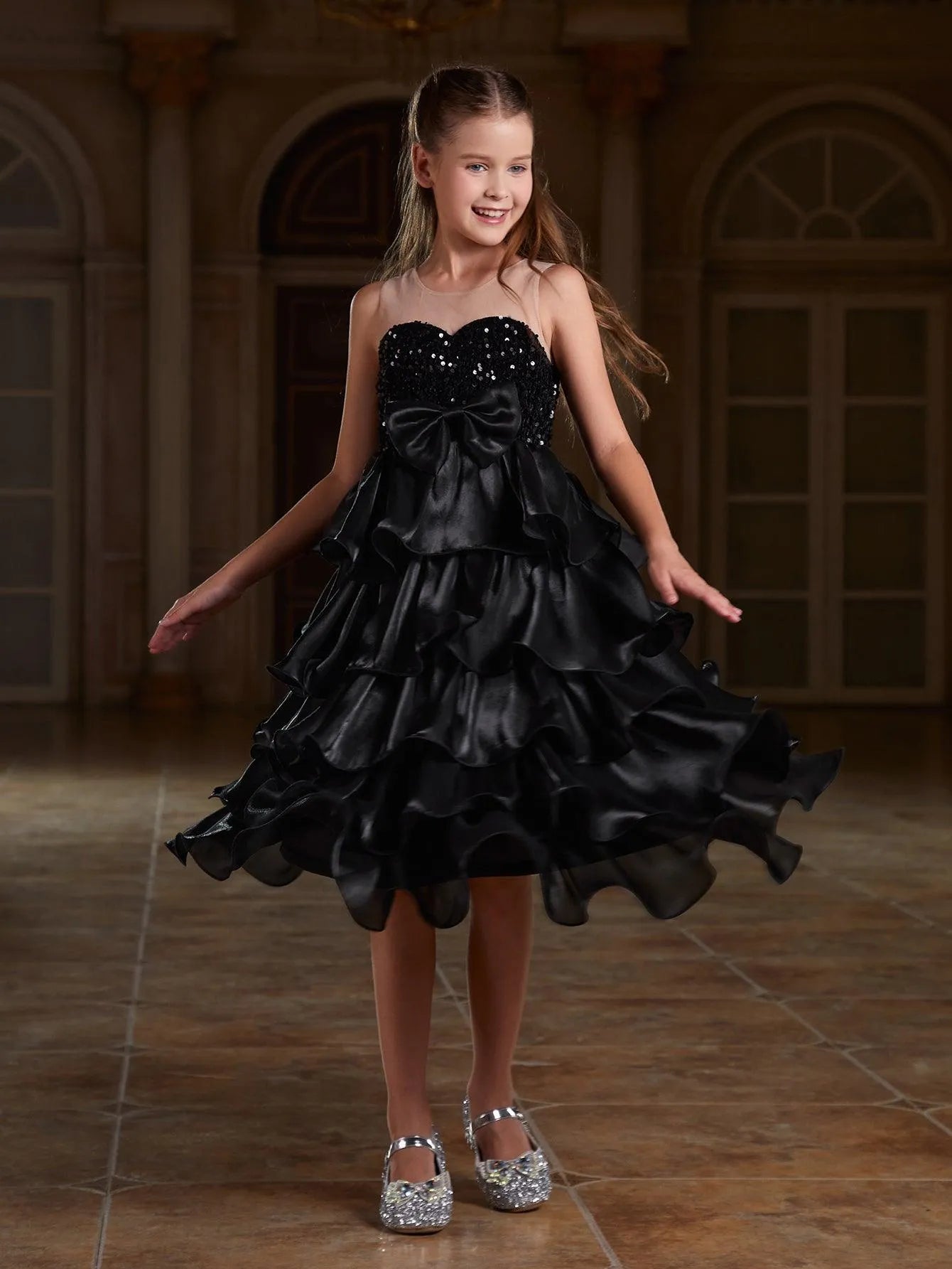 Tween Girls' Sequin Contrast Layered Organza Dress - Elonnashop