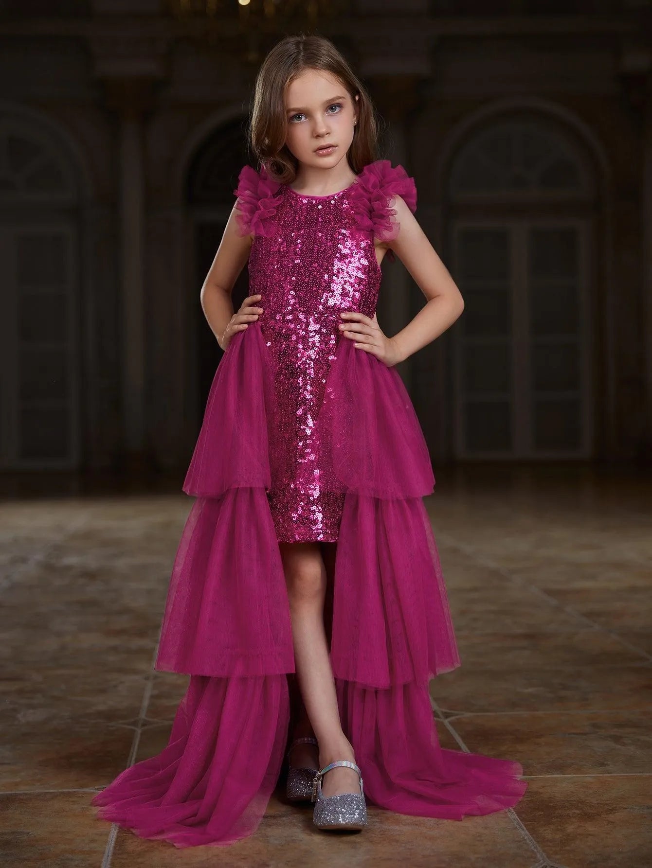 Tween Girls' Sleeveless Mesh Layered Hem Sequin Party Dress - Elonnashop