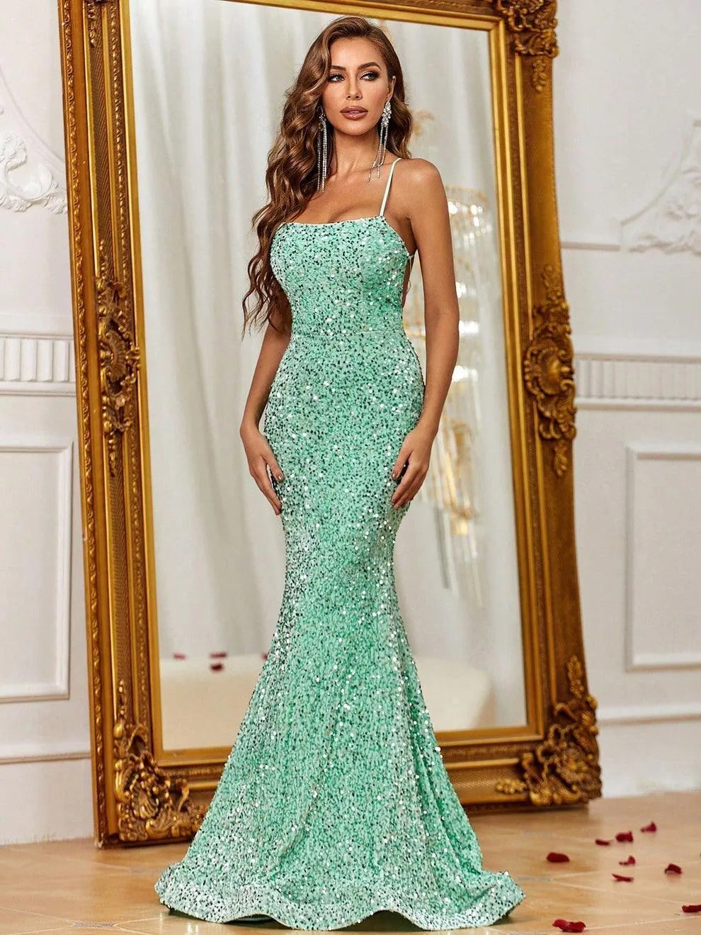 Spaghetti Strap Lace Up Back Sequin Mermaid Dress - Elonnashop