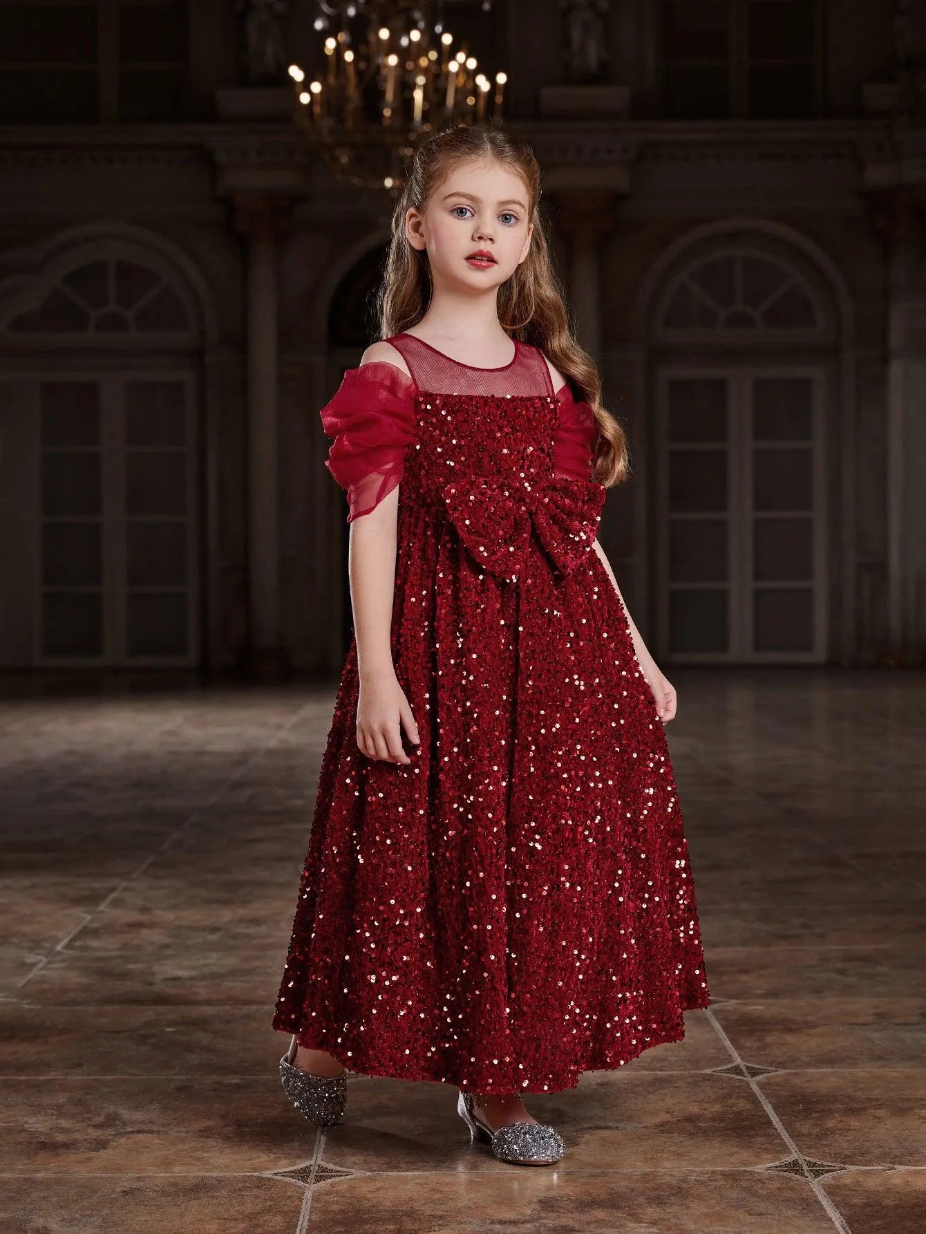 Tween Girls' Bow Front Sequin A Line Party Dress - Elonnashop