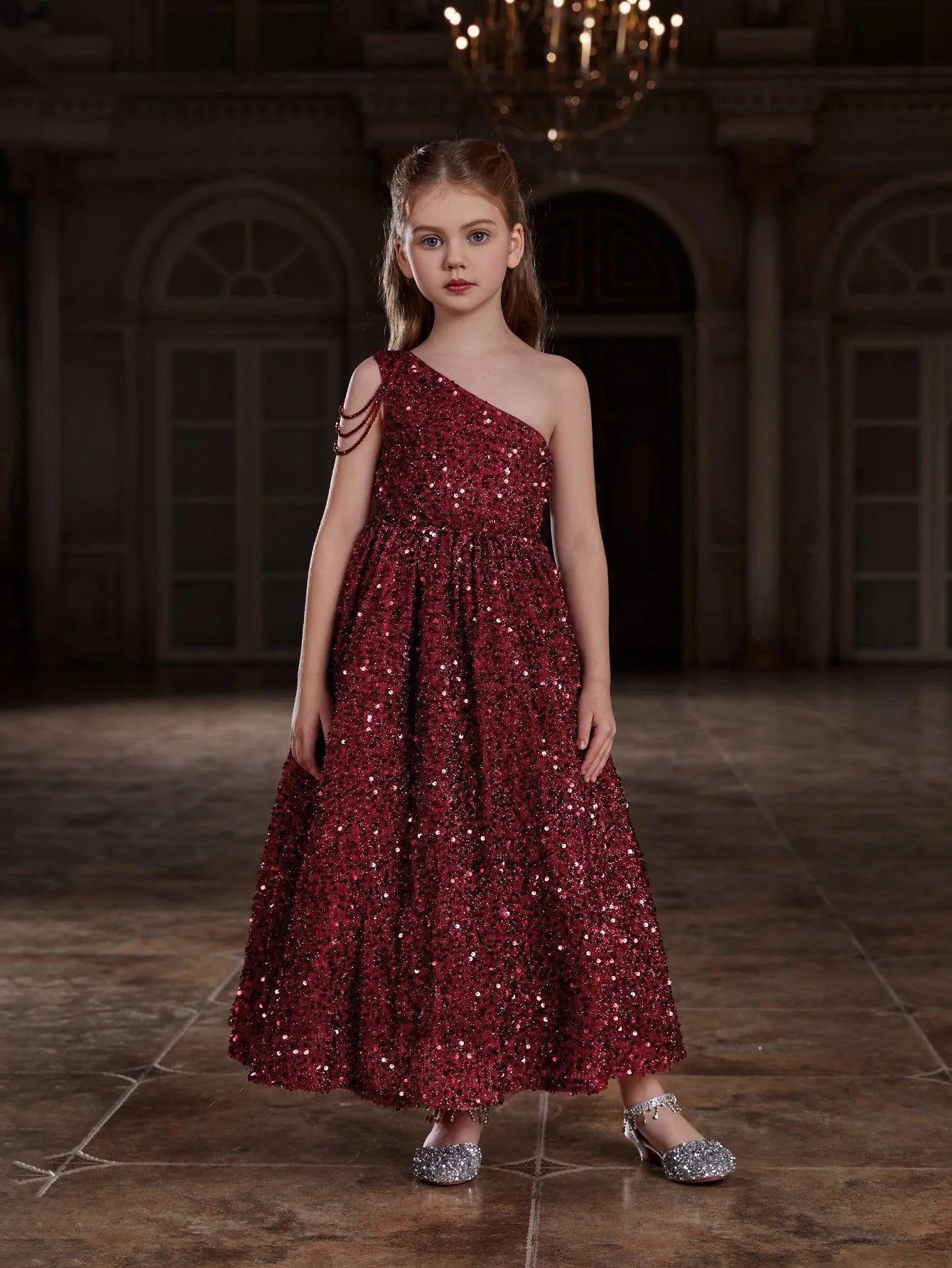 Tween Girls' One Shoulder Chain Detail Sequin Party Dress - Elonnashop