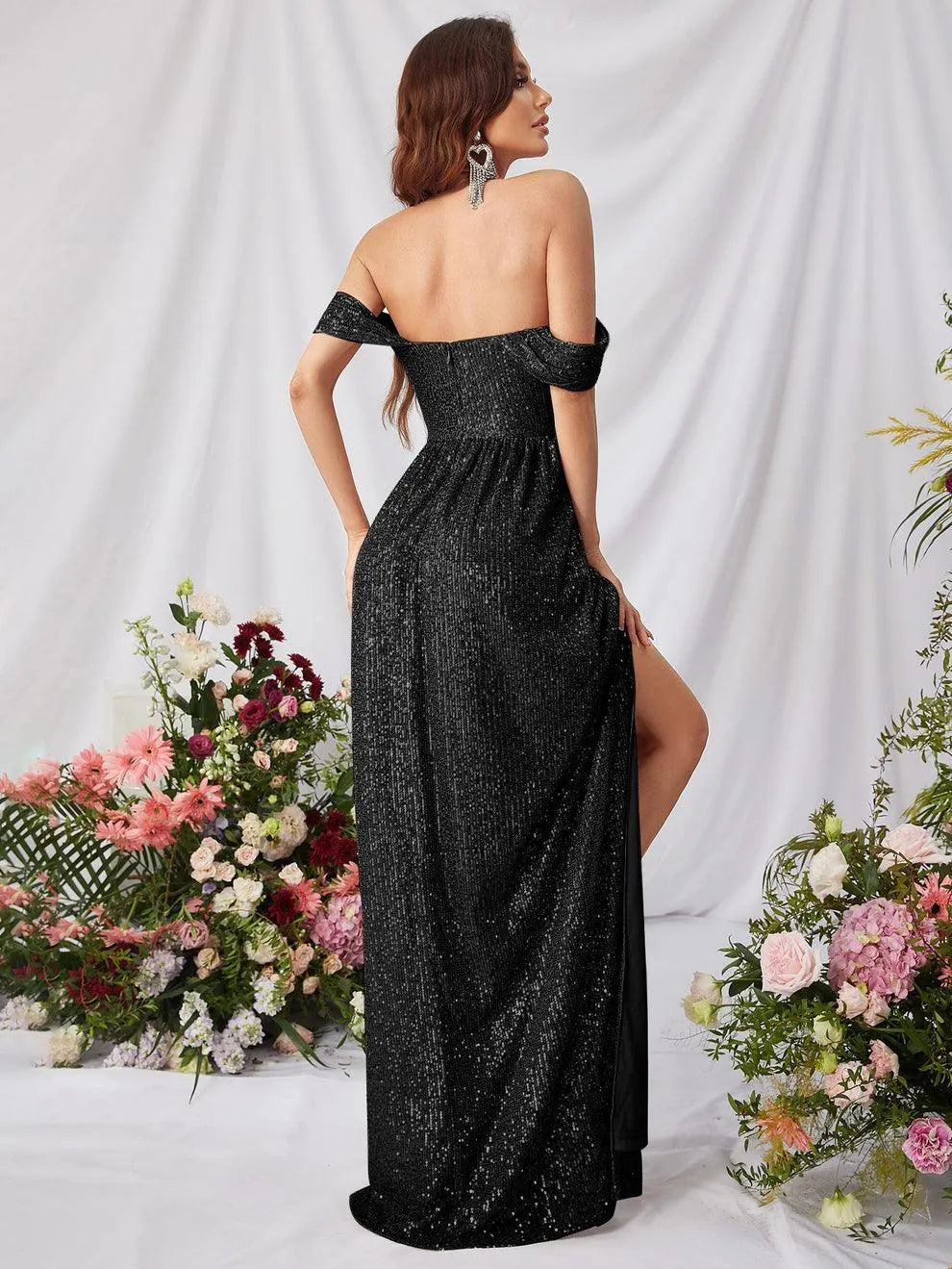 Elegant Off Shoulder Split Thigh Sequin Party Dress - Elonnashop