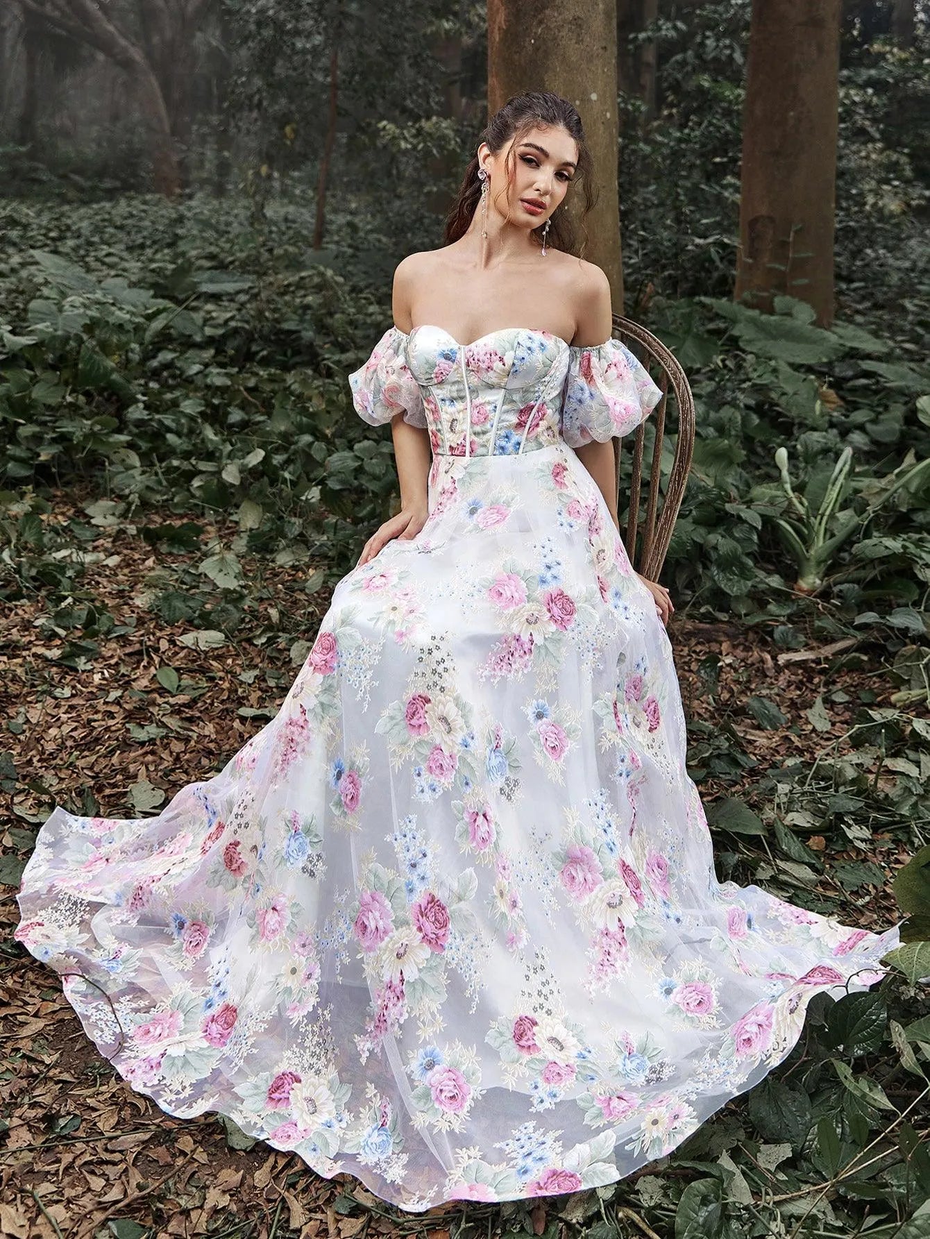 Elegant Off Shoulder Puff Sleeves Floral Printed Organza Prom Dress - Elonnashop