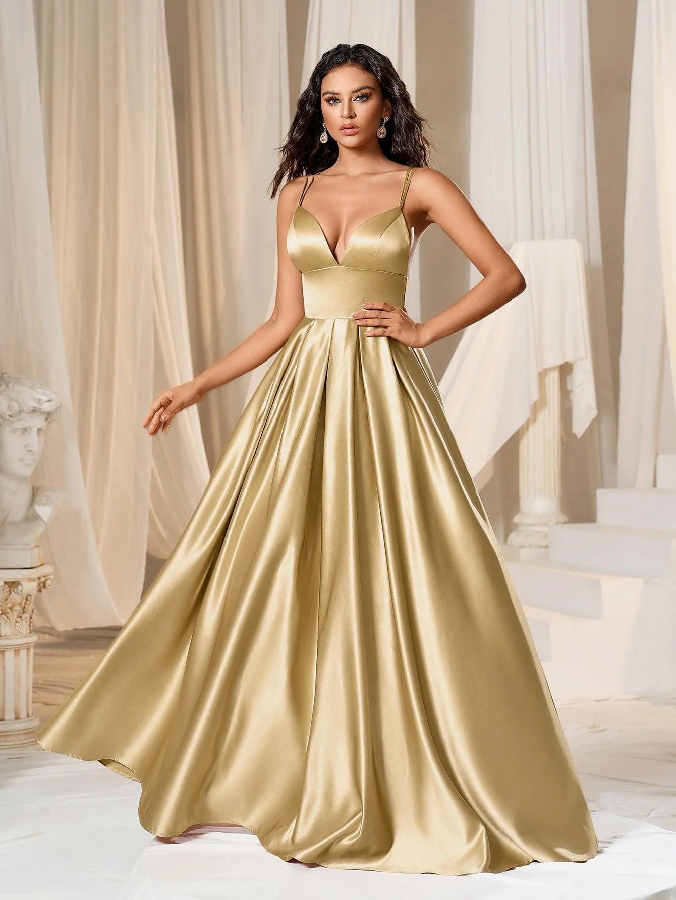 Plunging Neck Floor Length Satin Cami Party Dress - Elonnashop