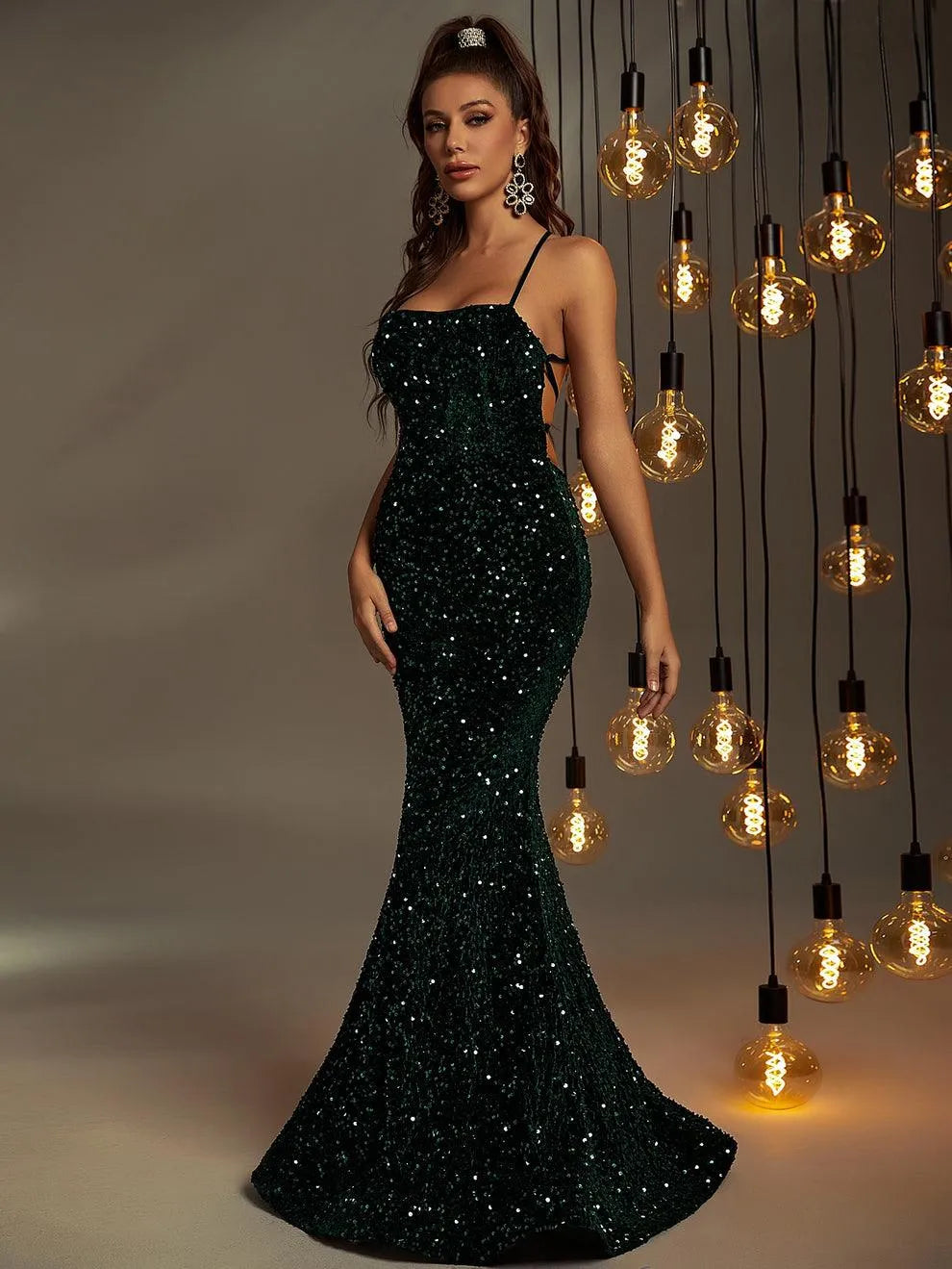 Spaghetti Strap Lace Up Back Sequin Mermaid Dress - Elonnashop