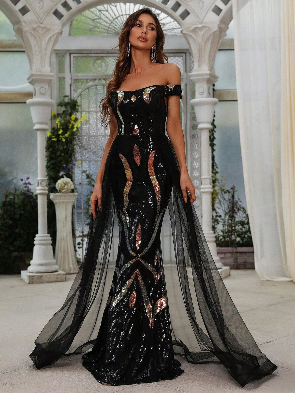 Off Shoulder Sequin Mermaid Hem Prom Dress - Elonnashop