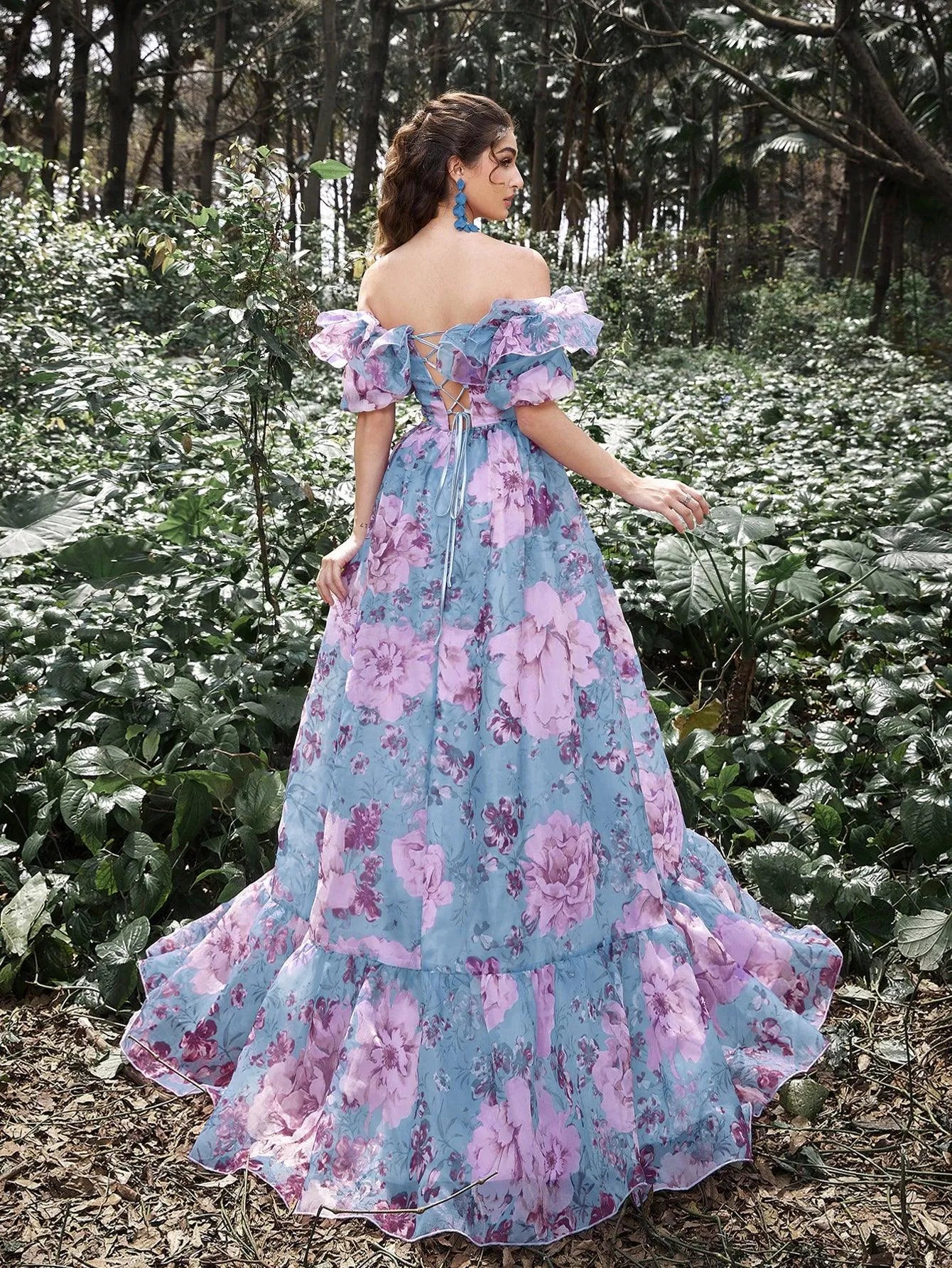 Elegant Ruffle Trim Off Shoulder Floral Organza Prom Dress - Elonnashop