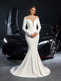 Elegant Pearl Embellished Mock Neck Long Sleeves Mermaid Hem Wedding Dress