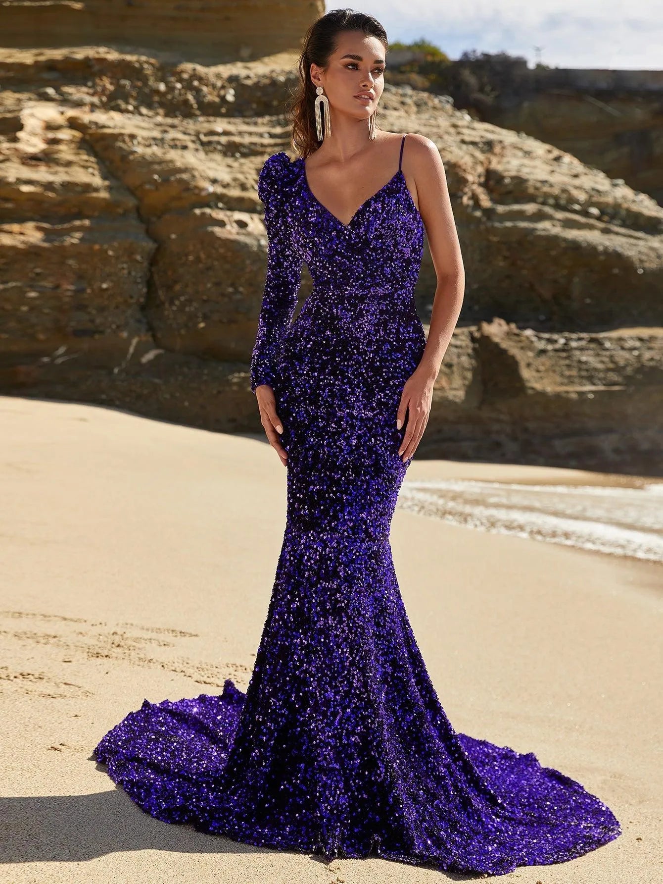 Asymmetrical Neck Mermaid Hem Sequin Prom Dresses - Elonnashop