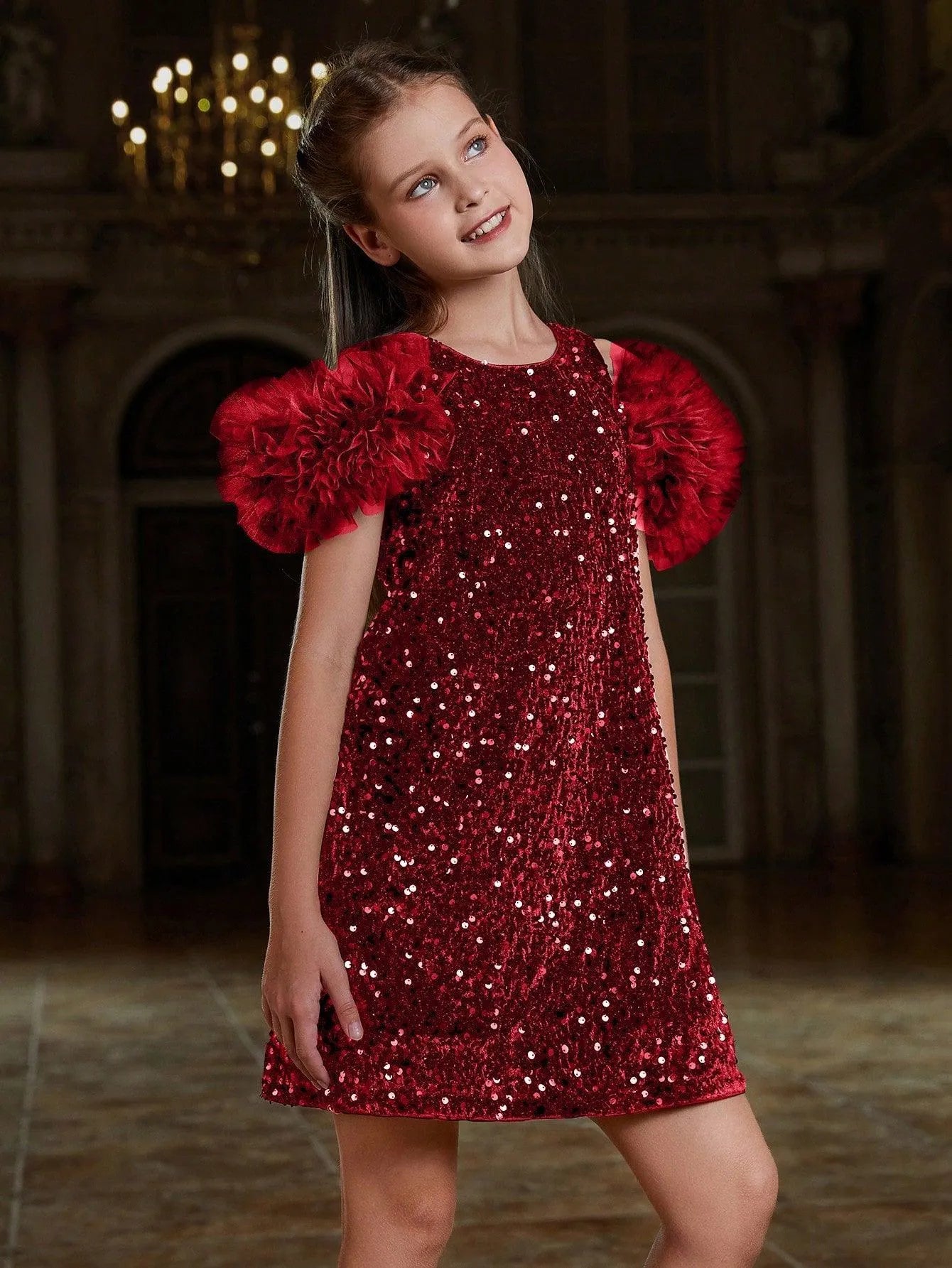 Tween Girls' Ruffle Trim Sequin Party Dress - Elonnashop