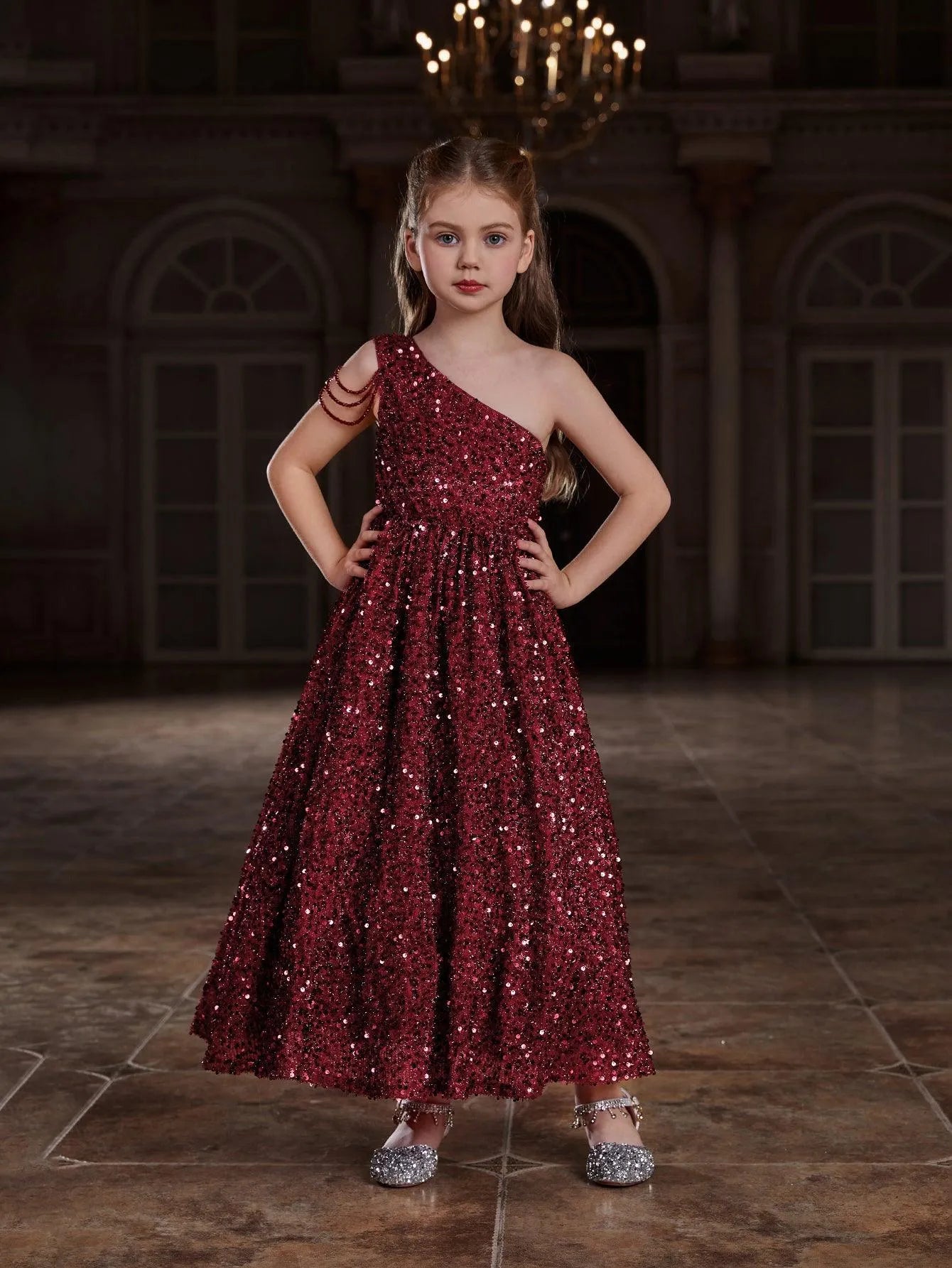 Tween Girls' One Shoulder Chain Detail Sequin Party Dress - Elonnashop