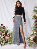 Mock Neck Crop Top Pencil Skirt Two Piece Sequin Set - Elonnashop