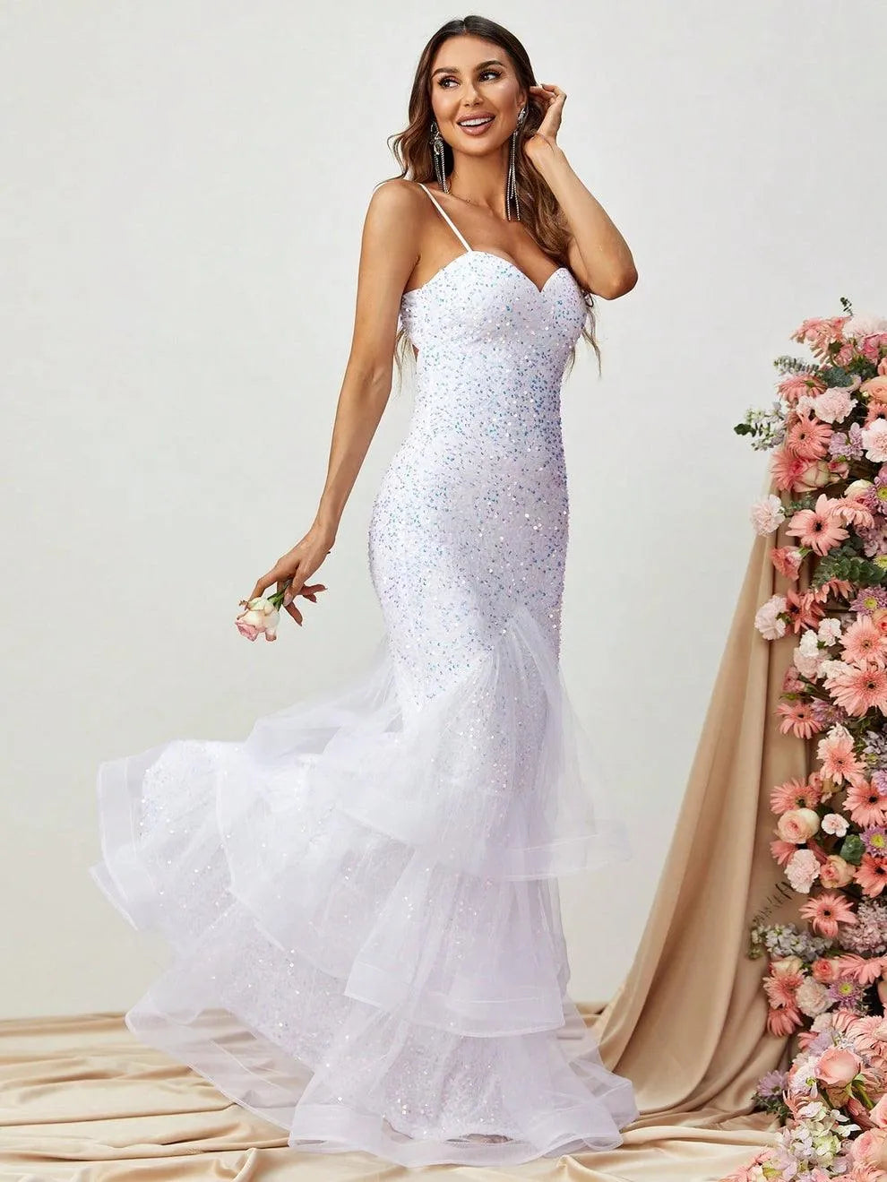 Spaghetti Strap Back Cut Out Sequin Mermaid Dress - Elonnashop