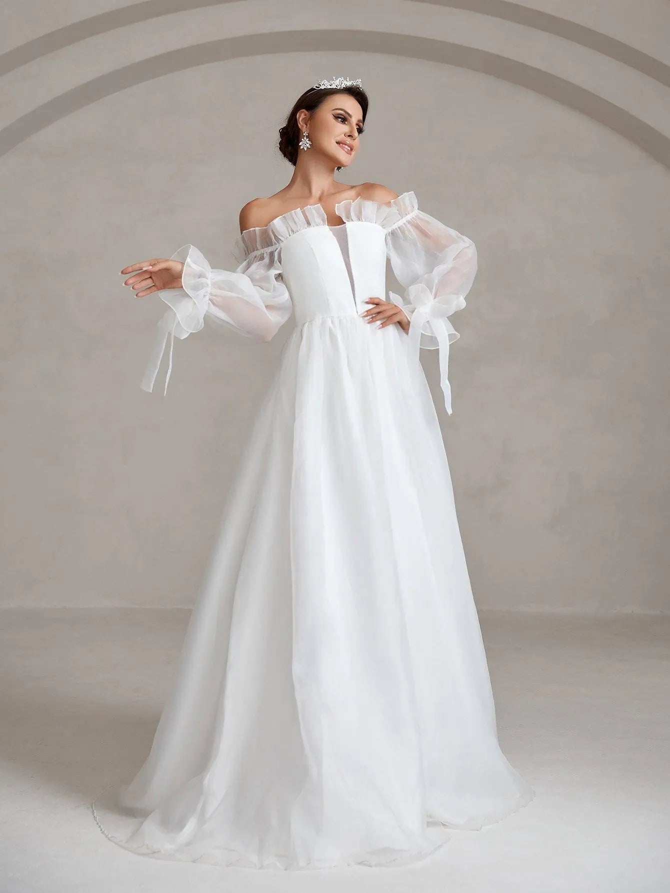 Ruffle Trim Off Shoulder Flounce Sleeve A Line Wedding Dress - Elonnashop