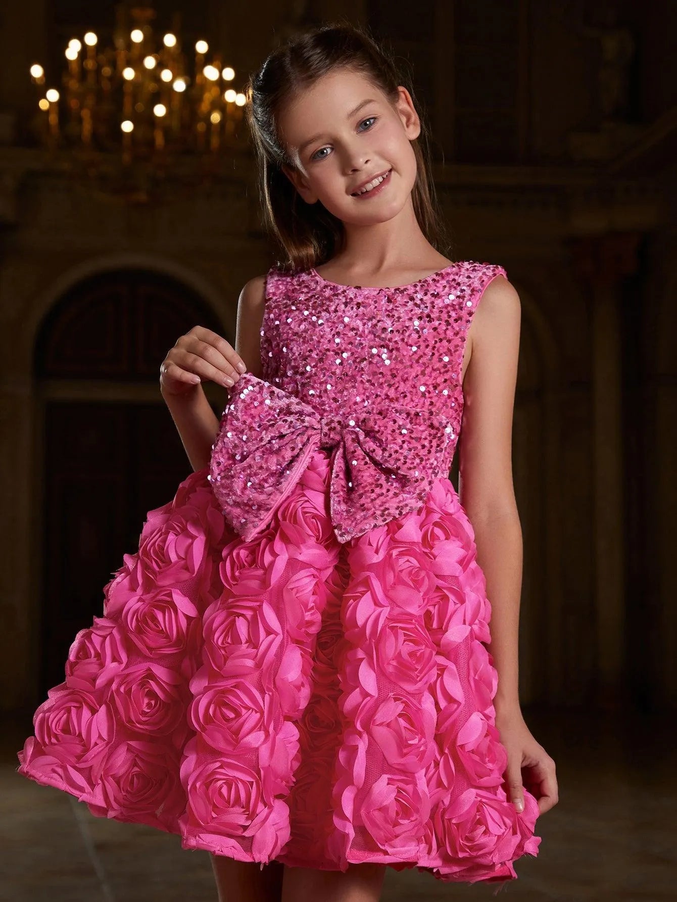 Tween Girls' Cute Applique Contrast Sequin Party Dress - Elonnashop