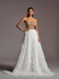 Gorgeous Pearl & Rhinestone Embellished Bodice Ruffle Layered Hem Wedding Dress