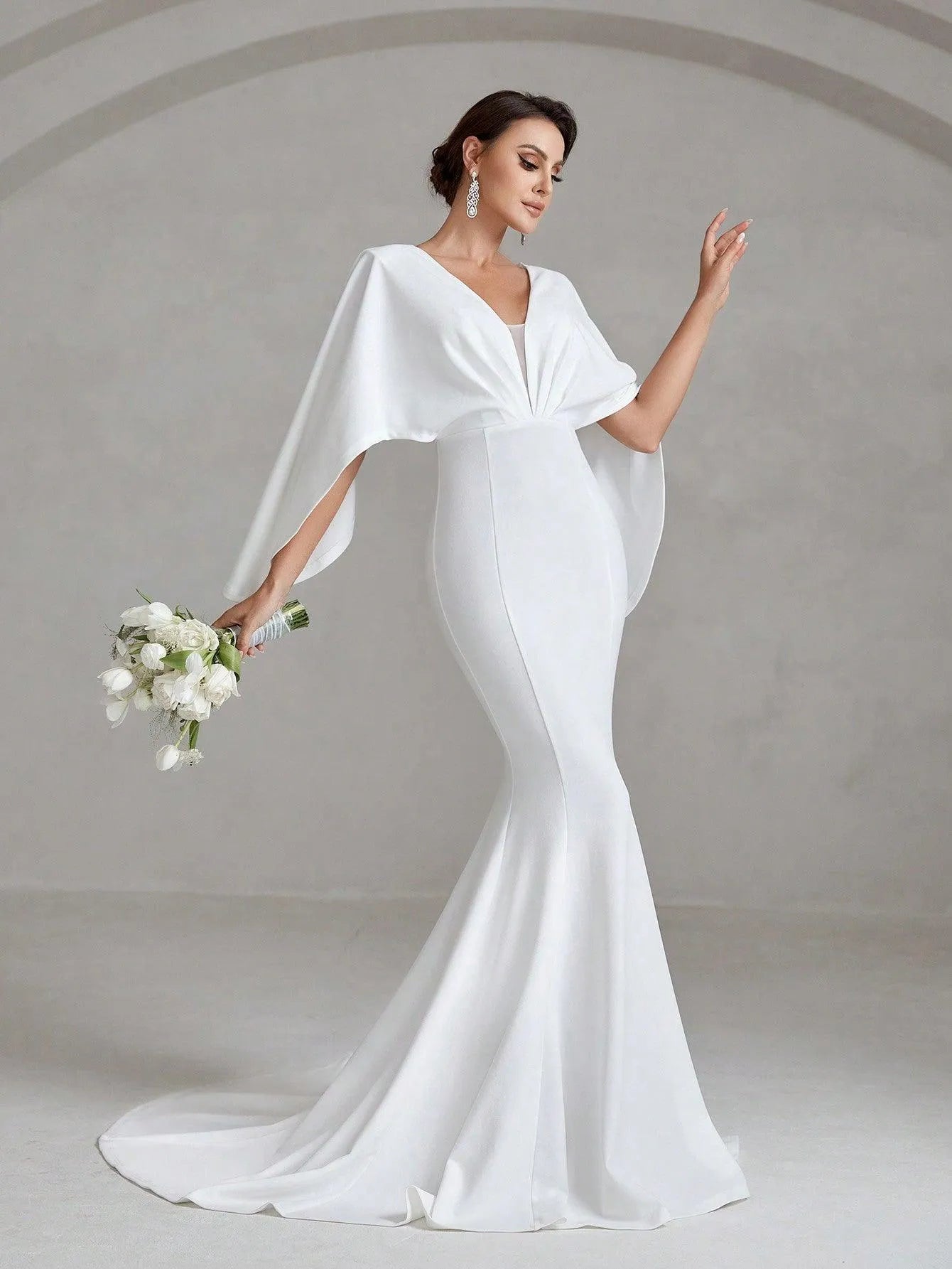 Elegant Cape Sleeves Mermaid Hem Wedding Dress - Elonnashop