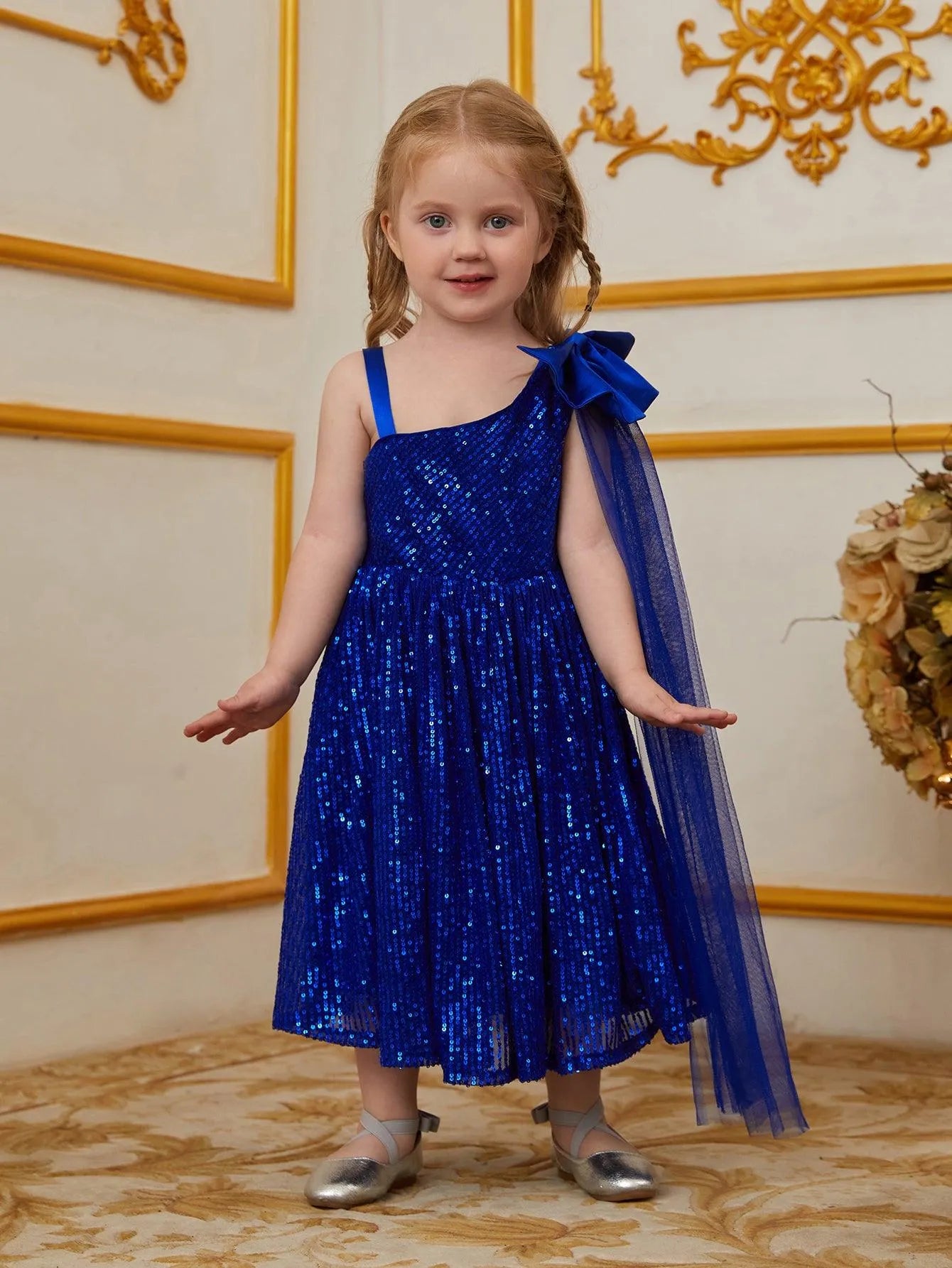 Young Girls' Bow Detail Draped Side Sequin Midi Dress - Elonnashop