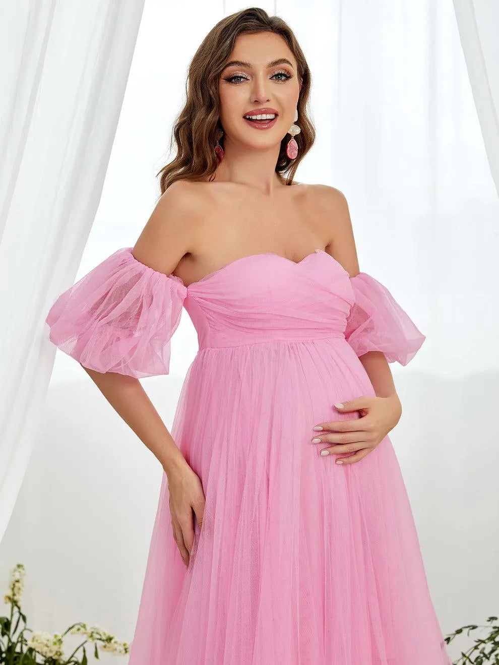 Maternity Off Shoulder Puff Sleeve Mesh Overlay Dress - Elonnashop