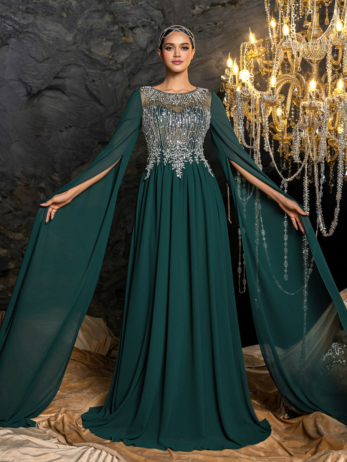 Elegant Chiffon Evening Gown with Embroidered Beaded Bodice, Voluminous Bell Sleeves, Sheer Mesh Neckline & Flowy Floor-Length Skirt
