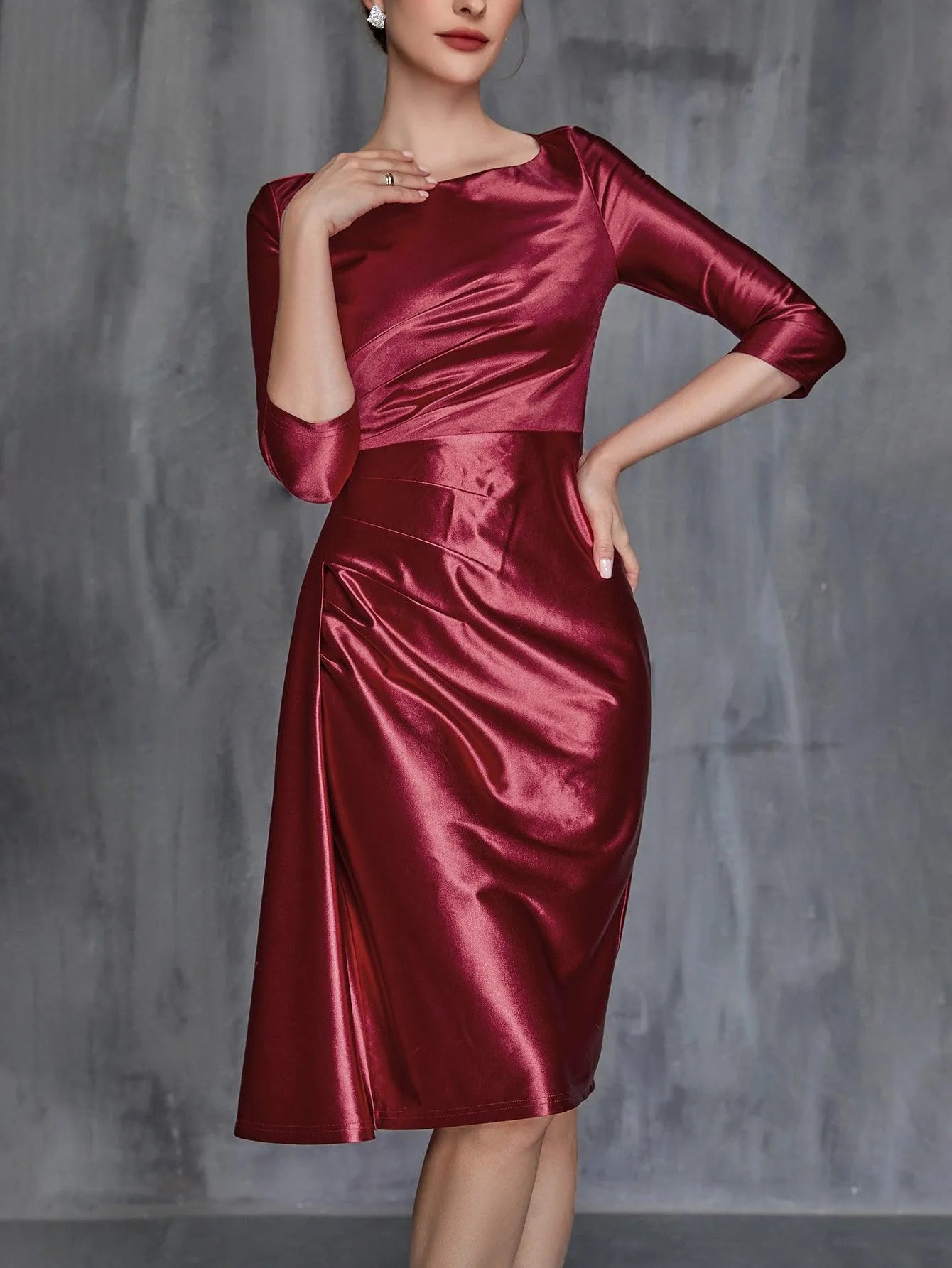 Womens' Solid Ruched Wrap Front Satin Dress - Elonnashop