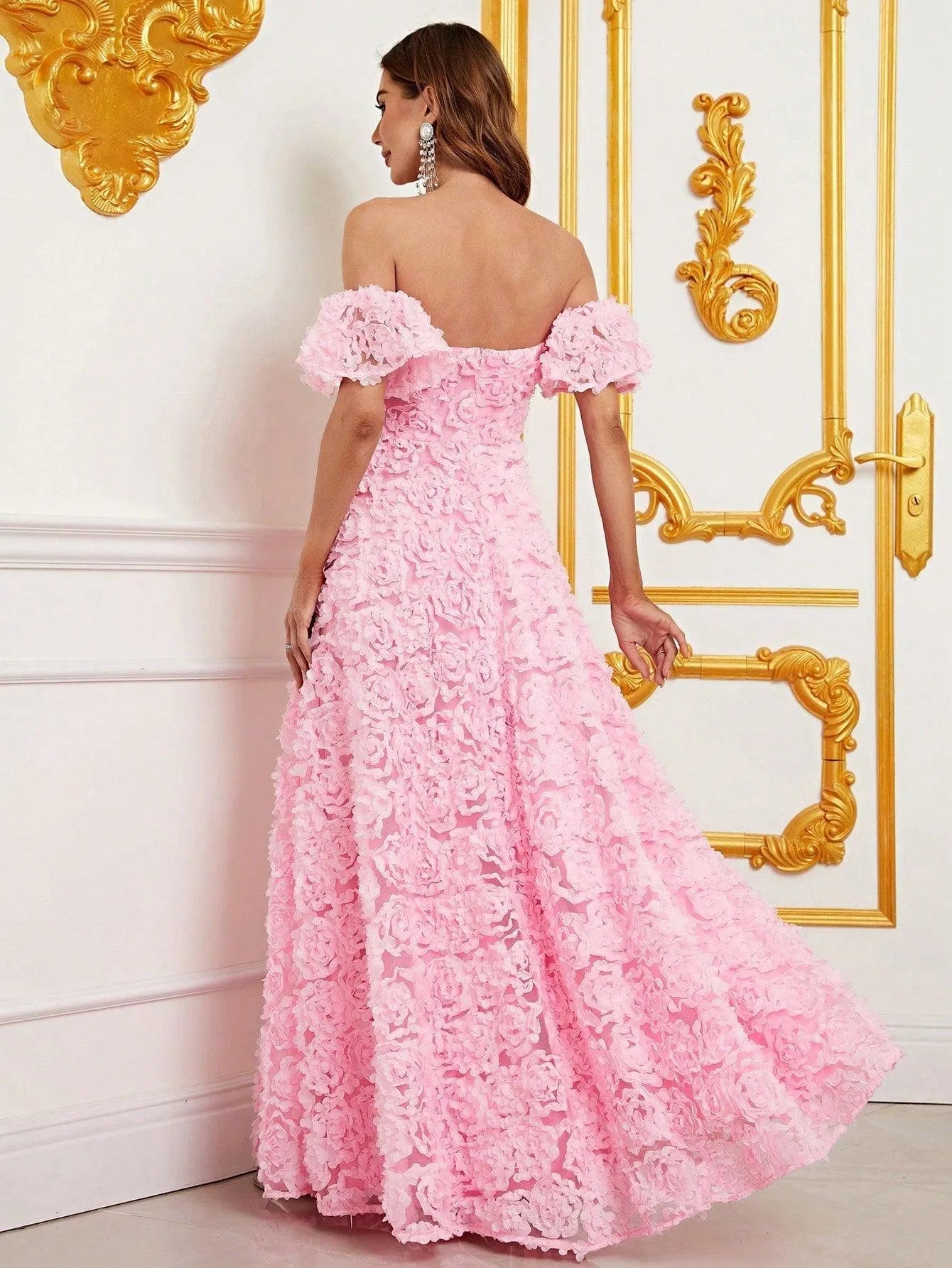 Off Shoulder 3D Flower A-Line Prom Dress - Elonnashop