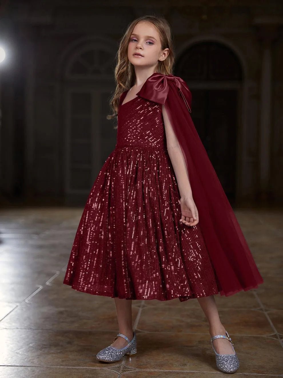 Tween Girls' Bow Detail Draped Side Sequin Midi Dress - Elonnashop