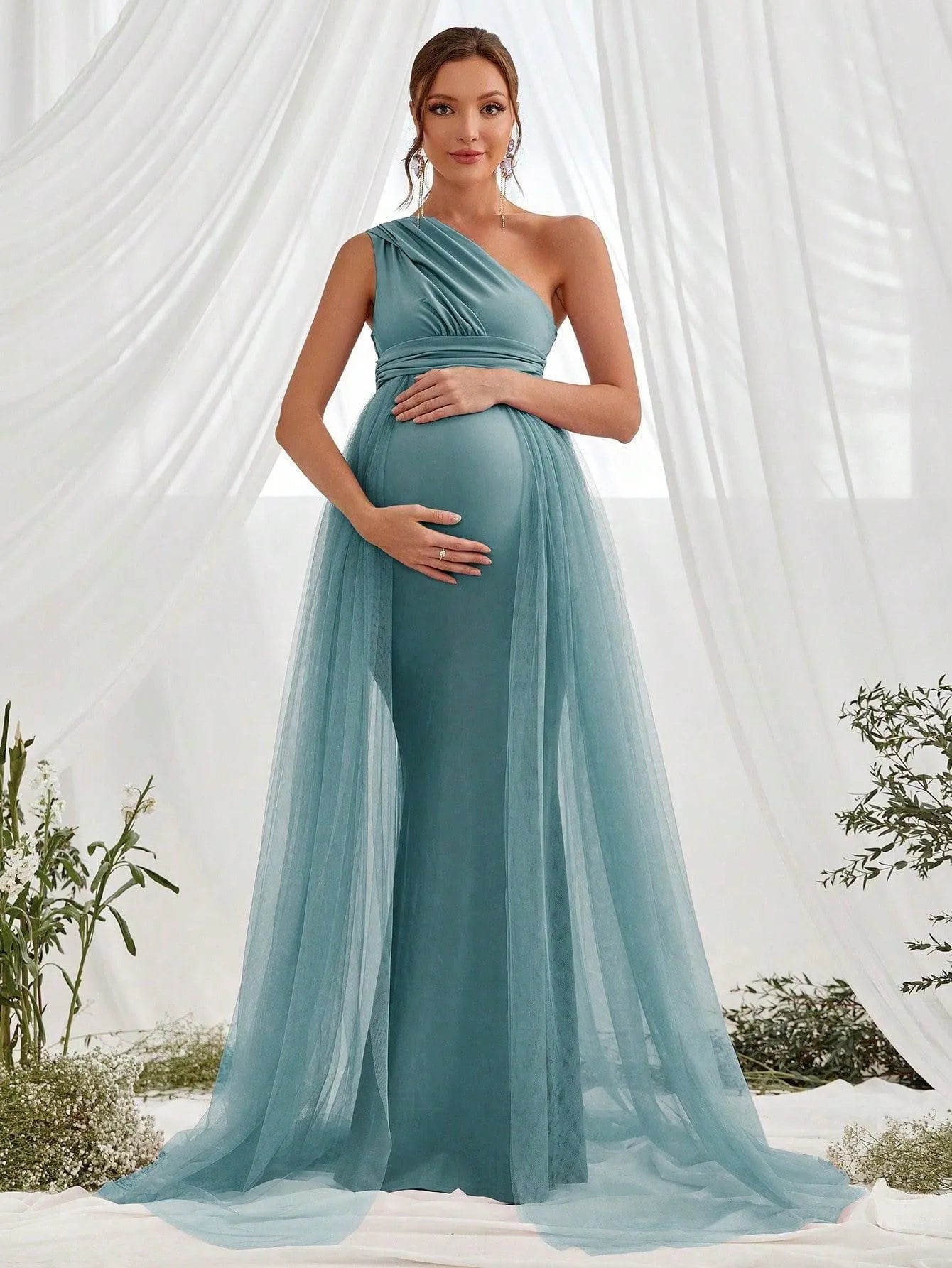 Maternity One Shoulder Contrast Mesh Mermaid Prom Dress - Elonnashop