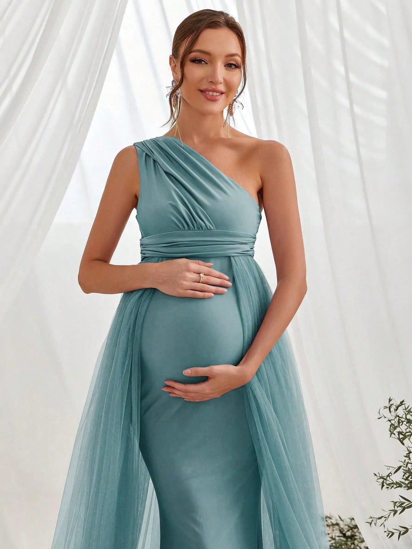 Maternity One Shoulder Contrast Mesh Mermaid Prom Dress - Elonnashop