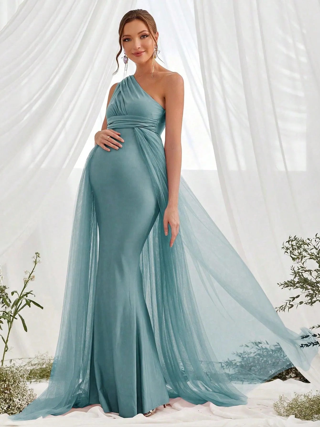 Maternity One Shoulder Contrast Mesh Mermaid Prom Dress - Elonnashop