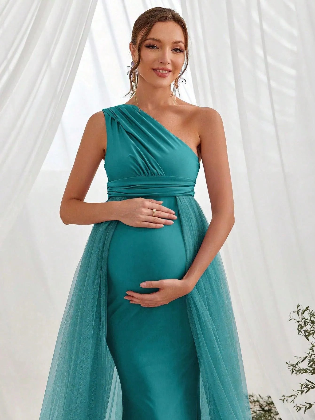 Maternity One Shoulder Contrast Mesh Mermaid Prom Dress - Elonnashop