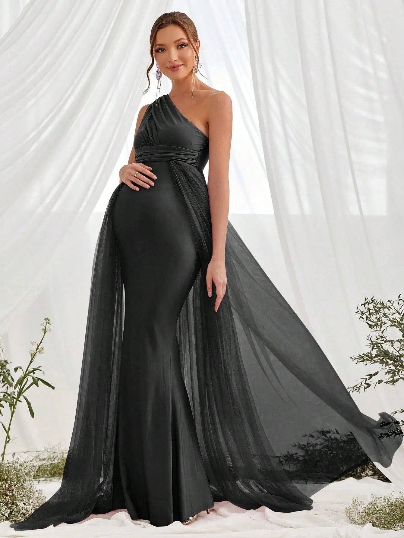 Maternity One Shoulder Contrast Mesh Mermaid Prom Dress - Elonnashop