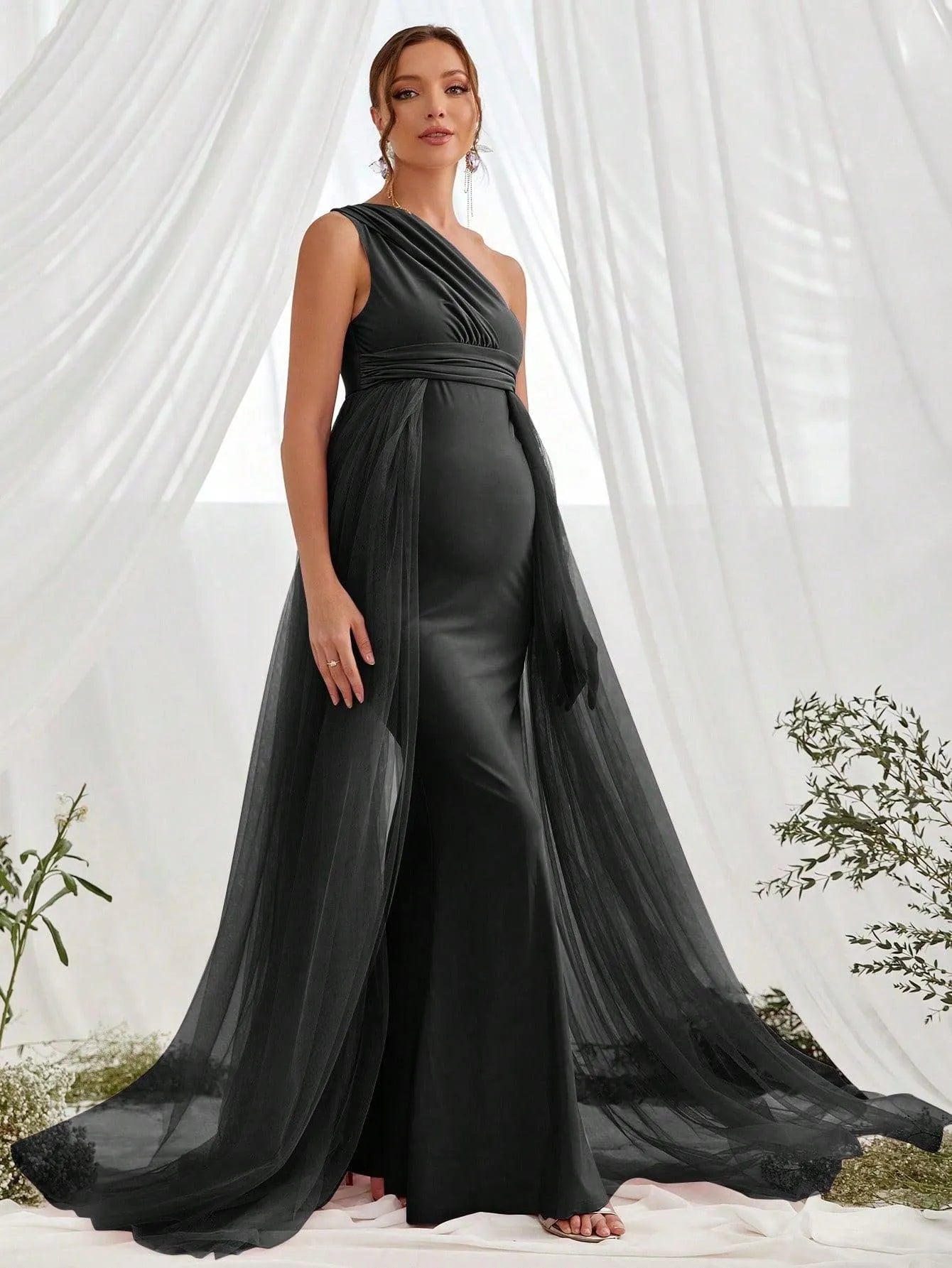 Maternity One Shoulder Contrast Mesh Mermaid Prom Dress - Elonnashop