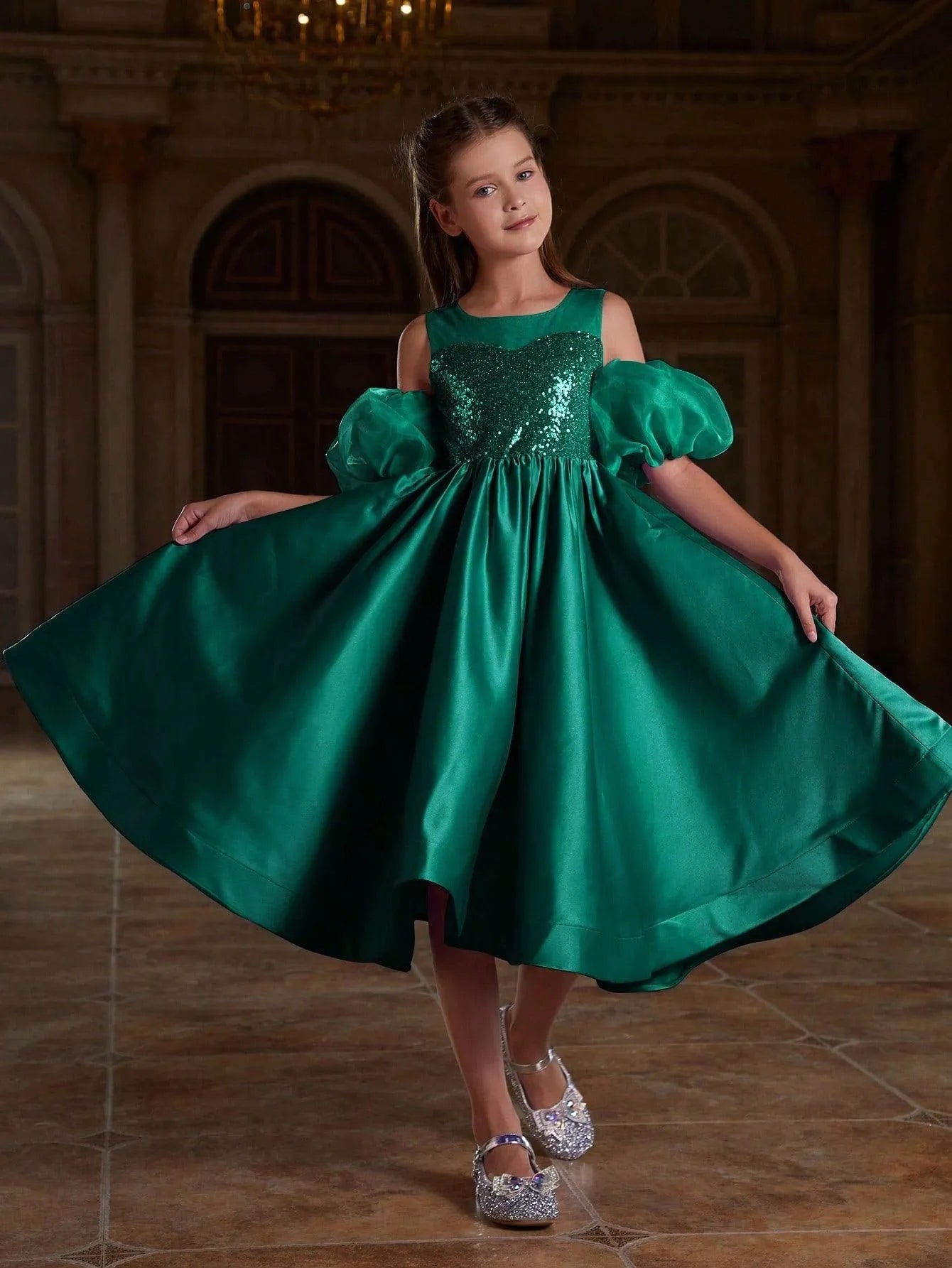 Tween Girls' Puff Sleeve Sequin Contrast Satin Dress - Elonnashop