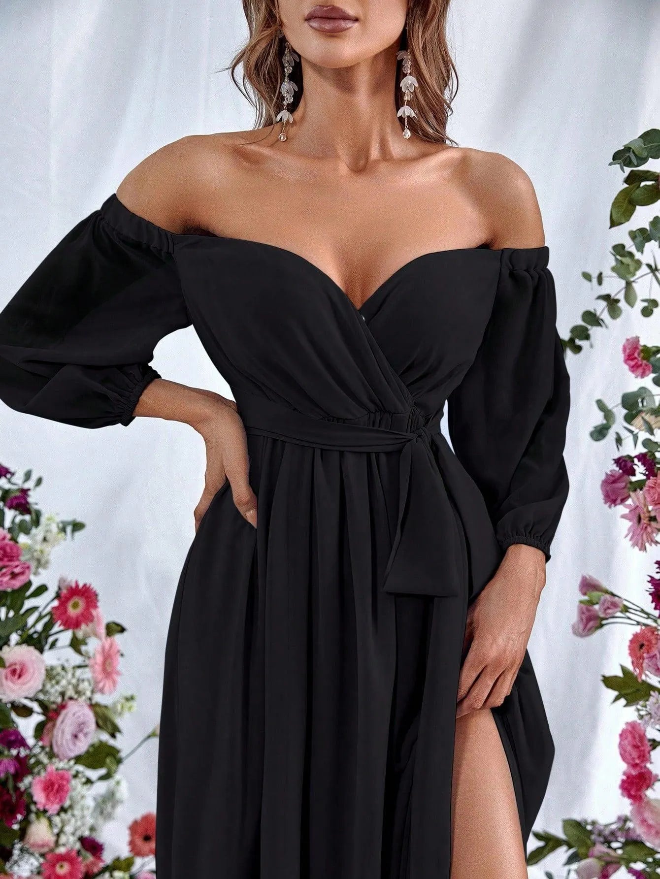 Off Shoulder Split Thigh Belted Chiffon A Line Dress - Elonnashop