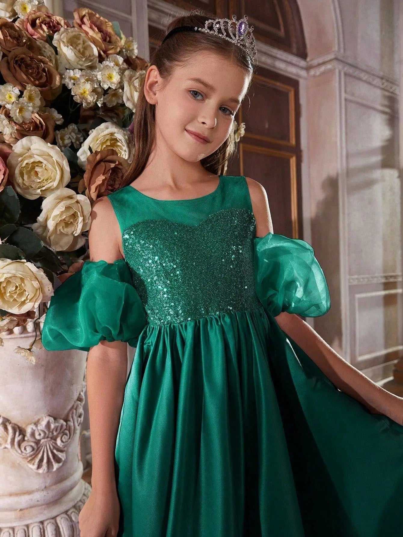 Tween Girls' Puff Sleeve Sequin Contrast Satin Dress - Elonnashop