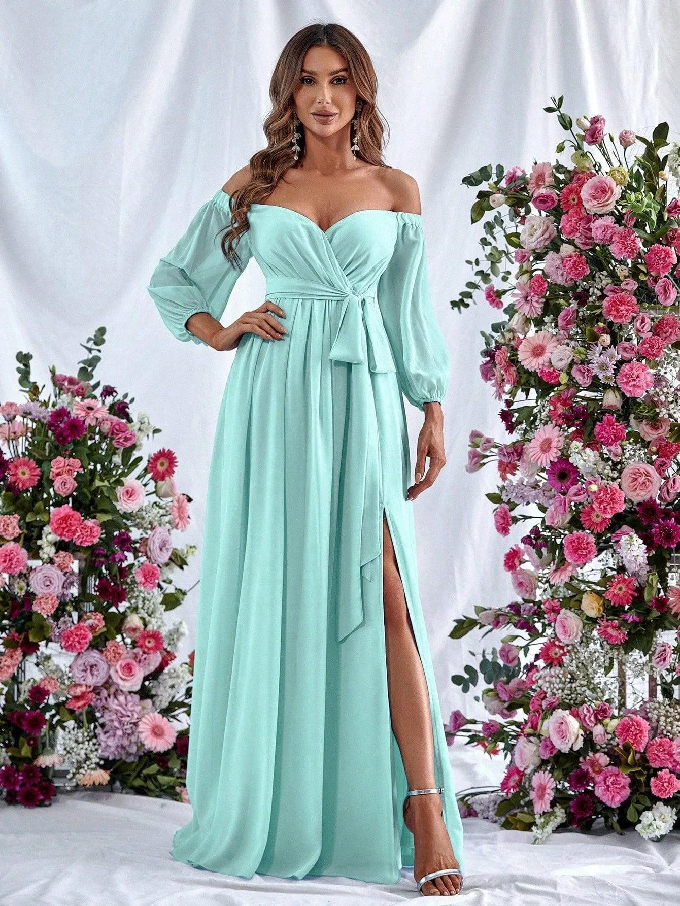 Off Shoulder Split Thigh Belted Chiffon A Line Dress - Elonnashop